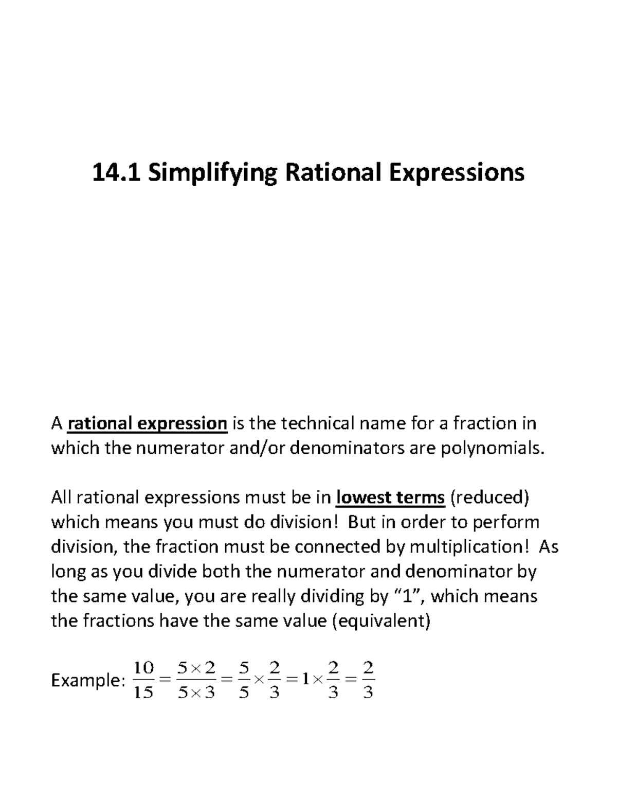 Chapter 14 Annotated Notes - 14 Simplifying Rational Expressions A ...