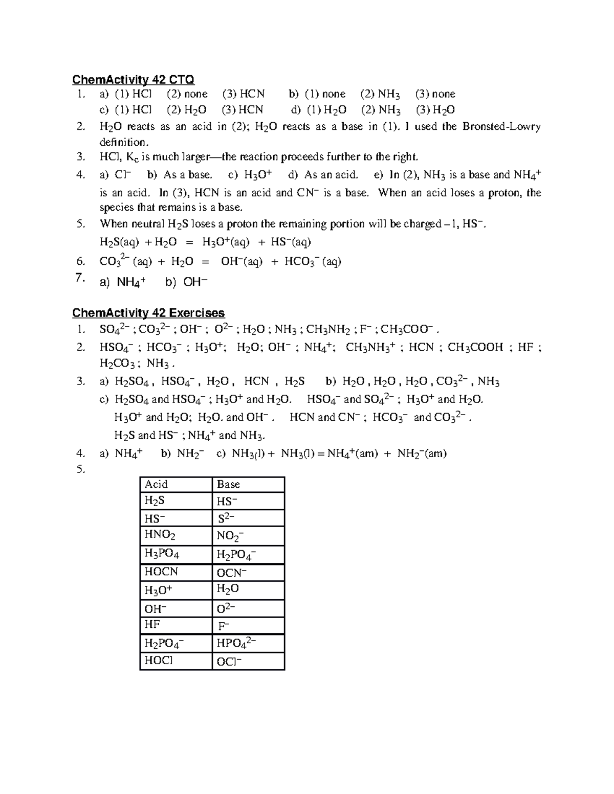 Chemactivity 42key - ChemActivity 42 CTQ 1. a) (1) HCl (2) none (3) HCN ...