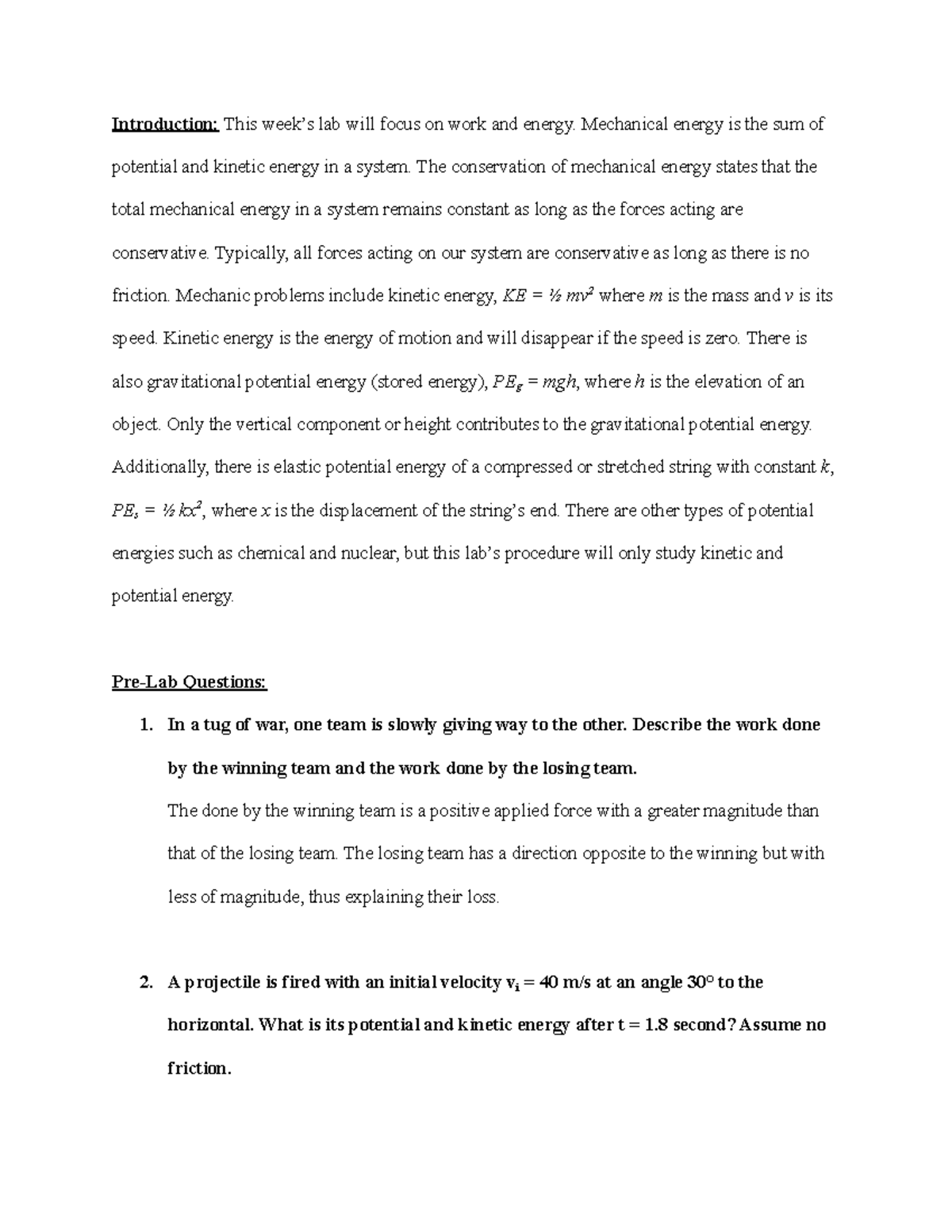 Physics Lab Report 5 - Energy and Work - Introduction: This week’s lab ...