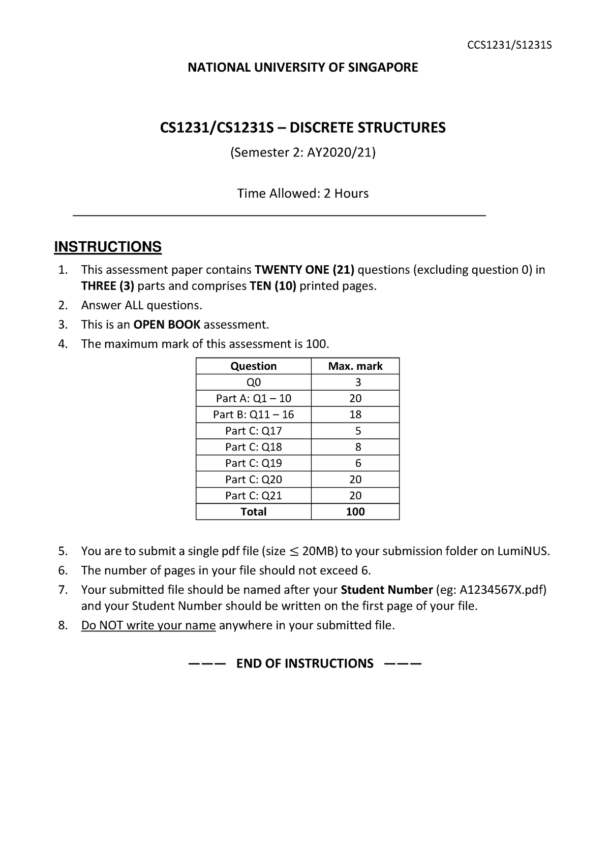 Cs1231s Exam20s2 Qns - Pyp - CCS1231/S1231S NATIONAL UNIVERSITY OF ...