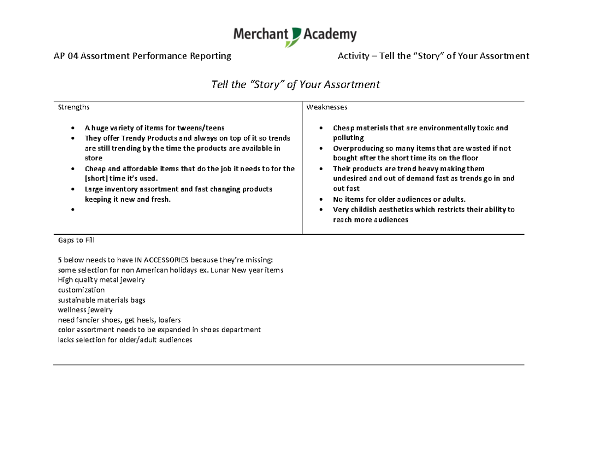 AP 04 Assortment Performance Reporting Activity - Large inventory ...