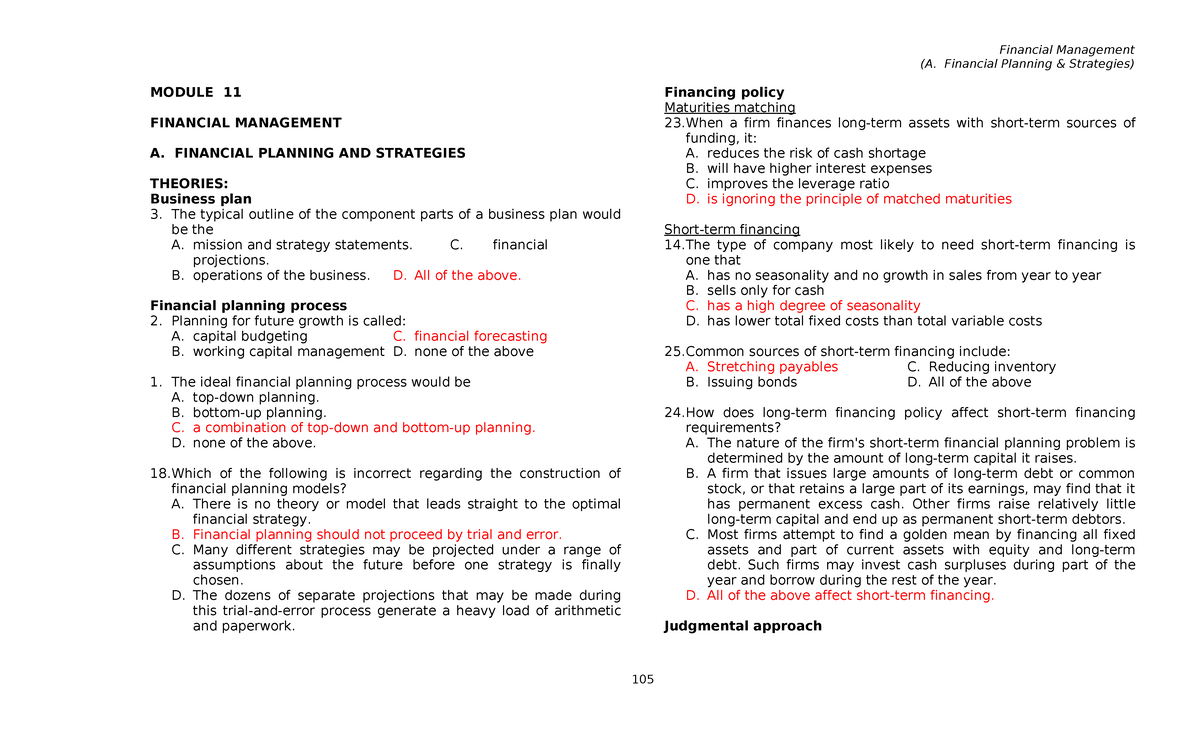 for competency assessement - (A. Financial Planning & Strategies ...