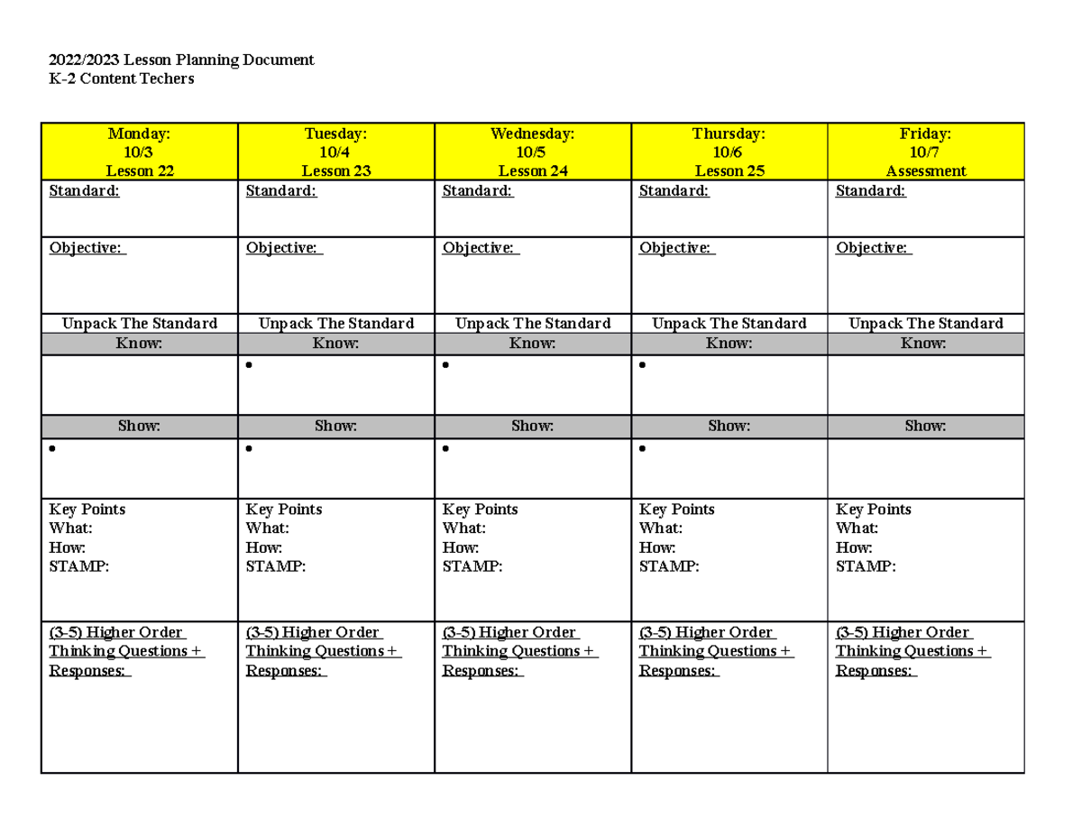 Math Lesson Plans - 2022/2023 Lesson Planning Document K-2 Content ...