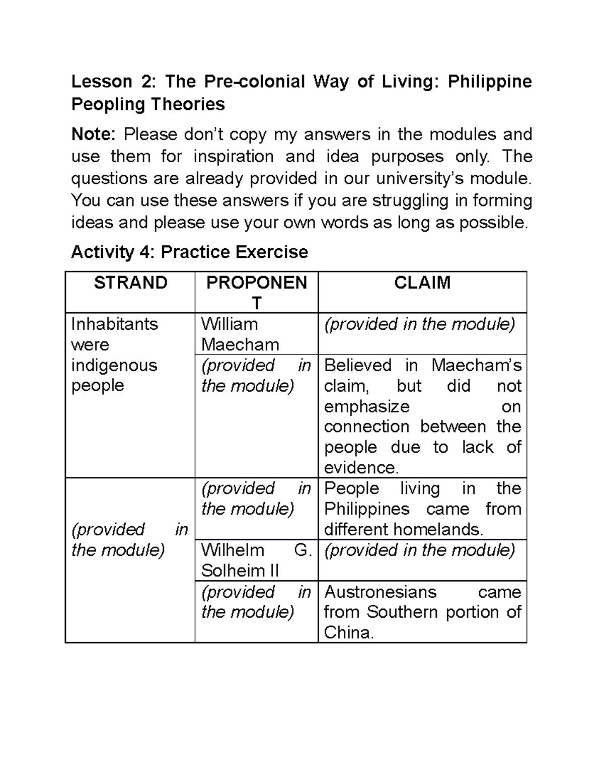 GEN 004 Lesson 2 Answers Lesson 2 The Precolonial Way of Living