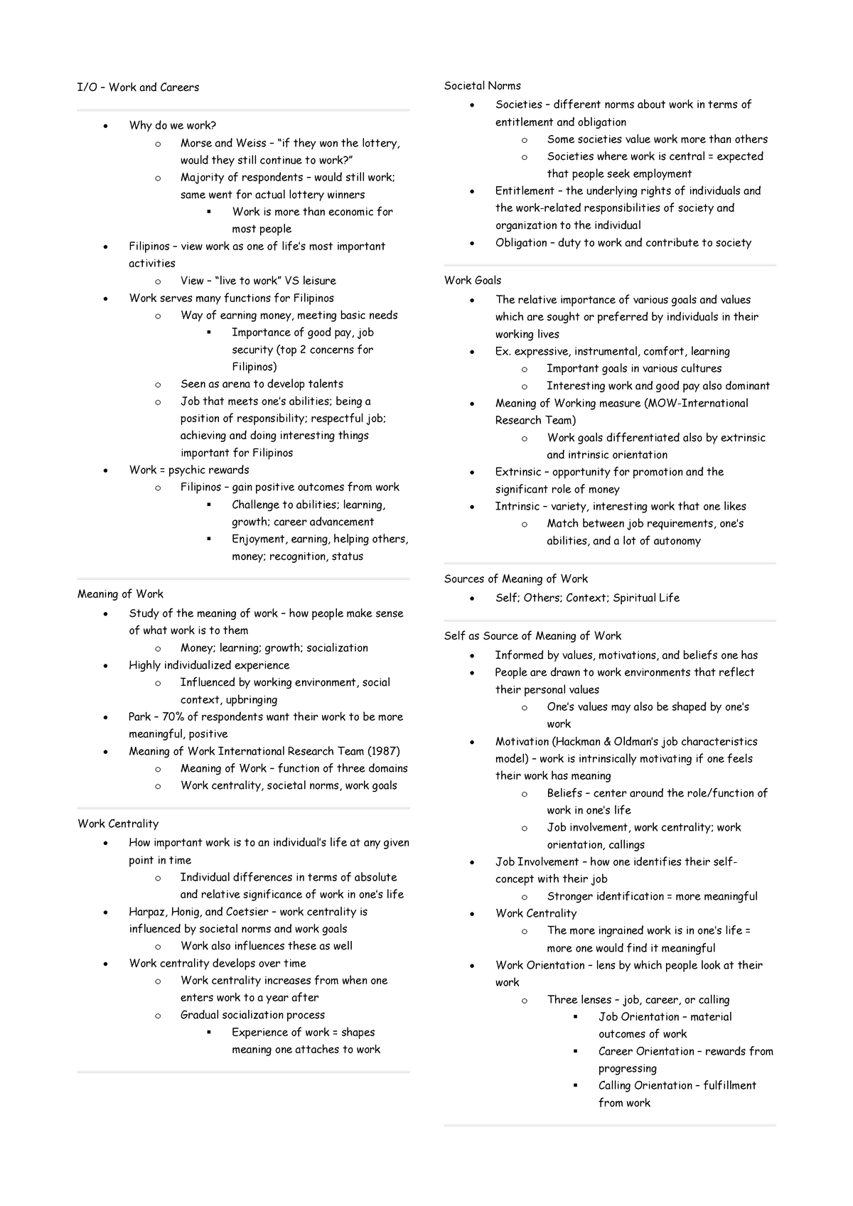 IO Psych - Work and Careers - I/O – Work and Careers Why do we work? o ...