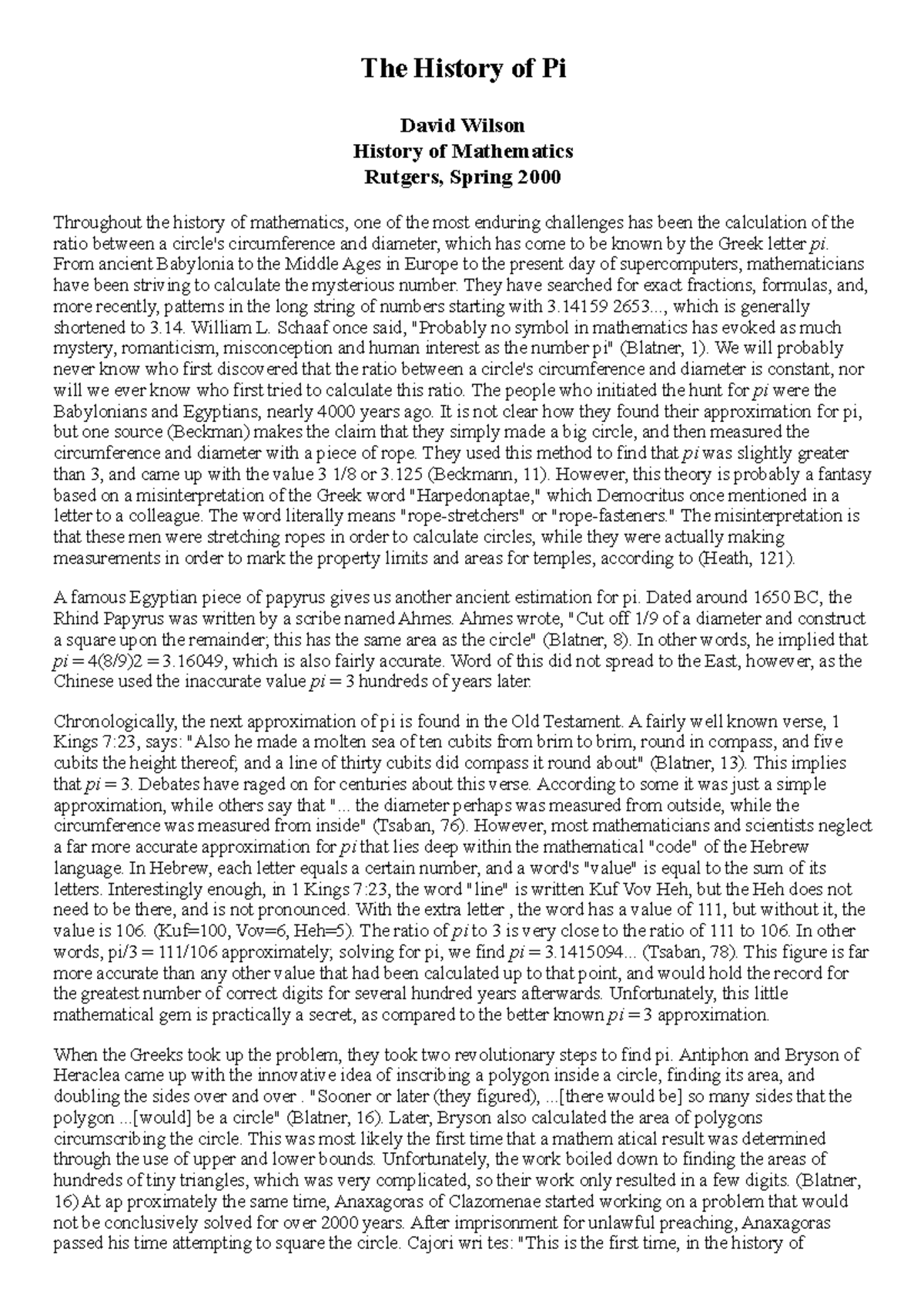 Sites.math.rutgers - Math - The History of Pi David Wilson History of ...