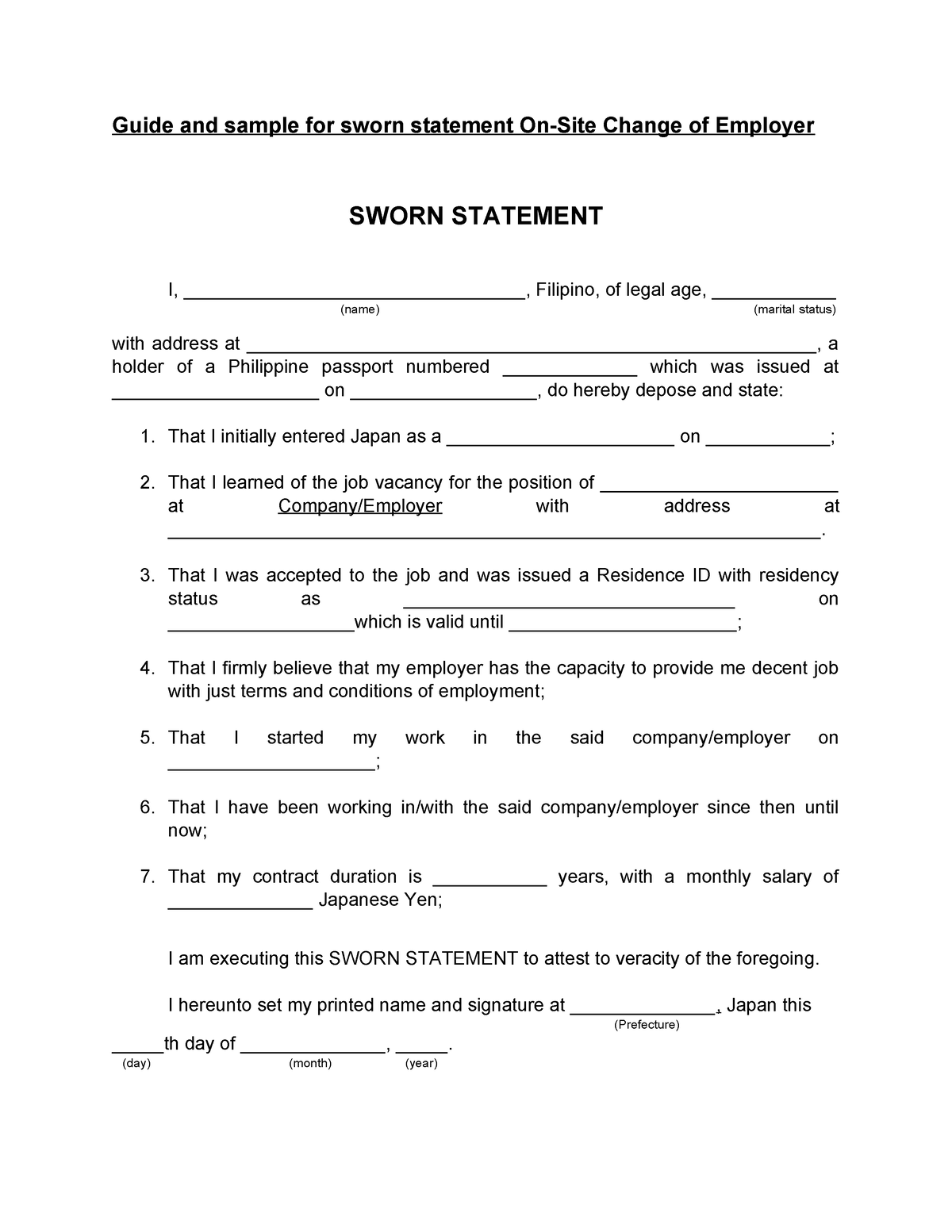 Sworn- Statement - Guide and sample for sworn statement On-Site Change ...