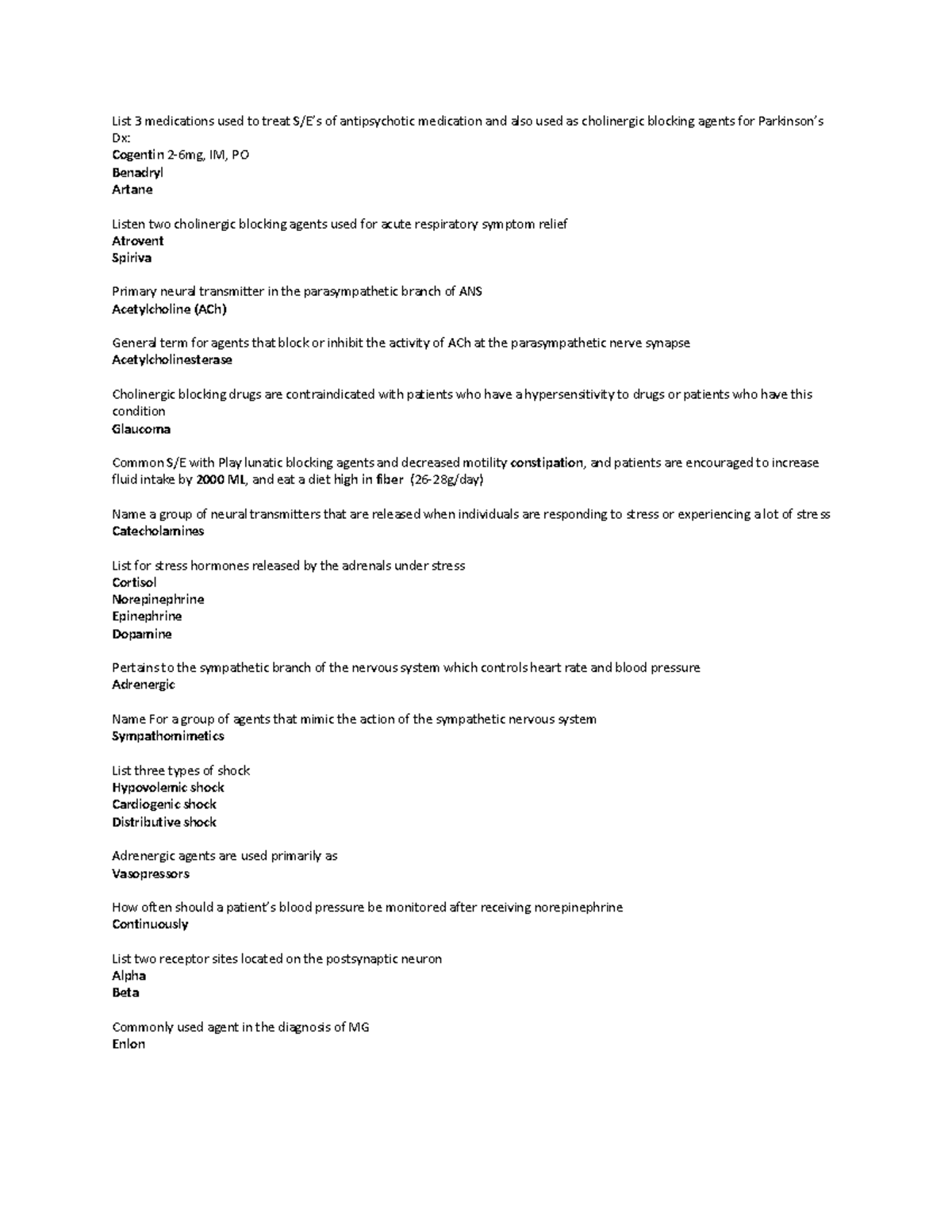 Pharmacology Exam 2 Study Guide - List 3 Medications Used To Treat S/E ...