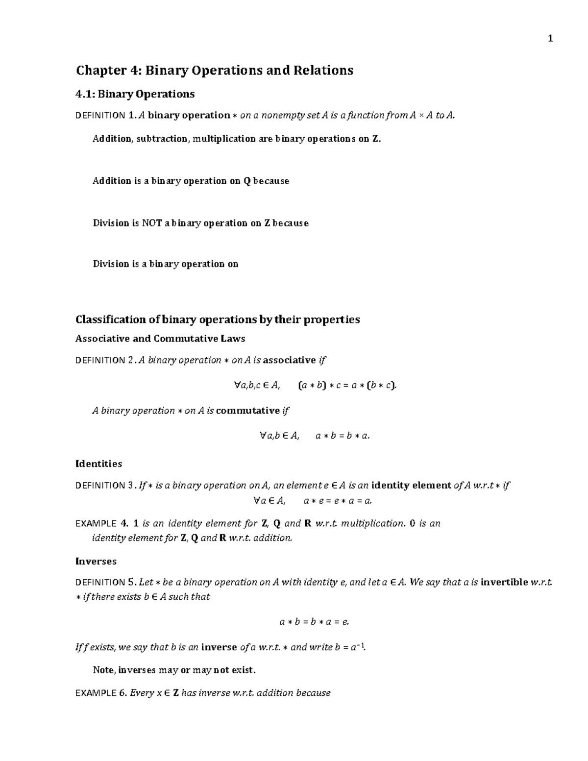 Binary Operations and Relations - A binary operation ∗ on a nonempty ...