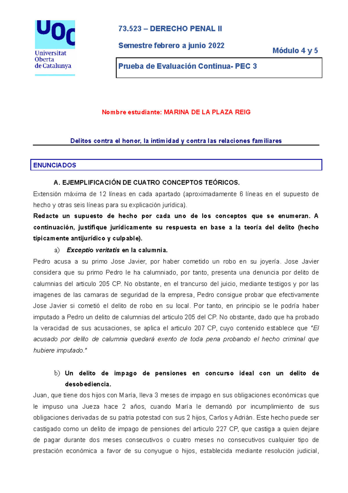 PEC 3_DERECHO PENAL II_EJERCICIOS RESUELTOS - 73 – DERECHO PENAL II ...