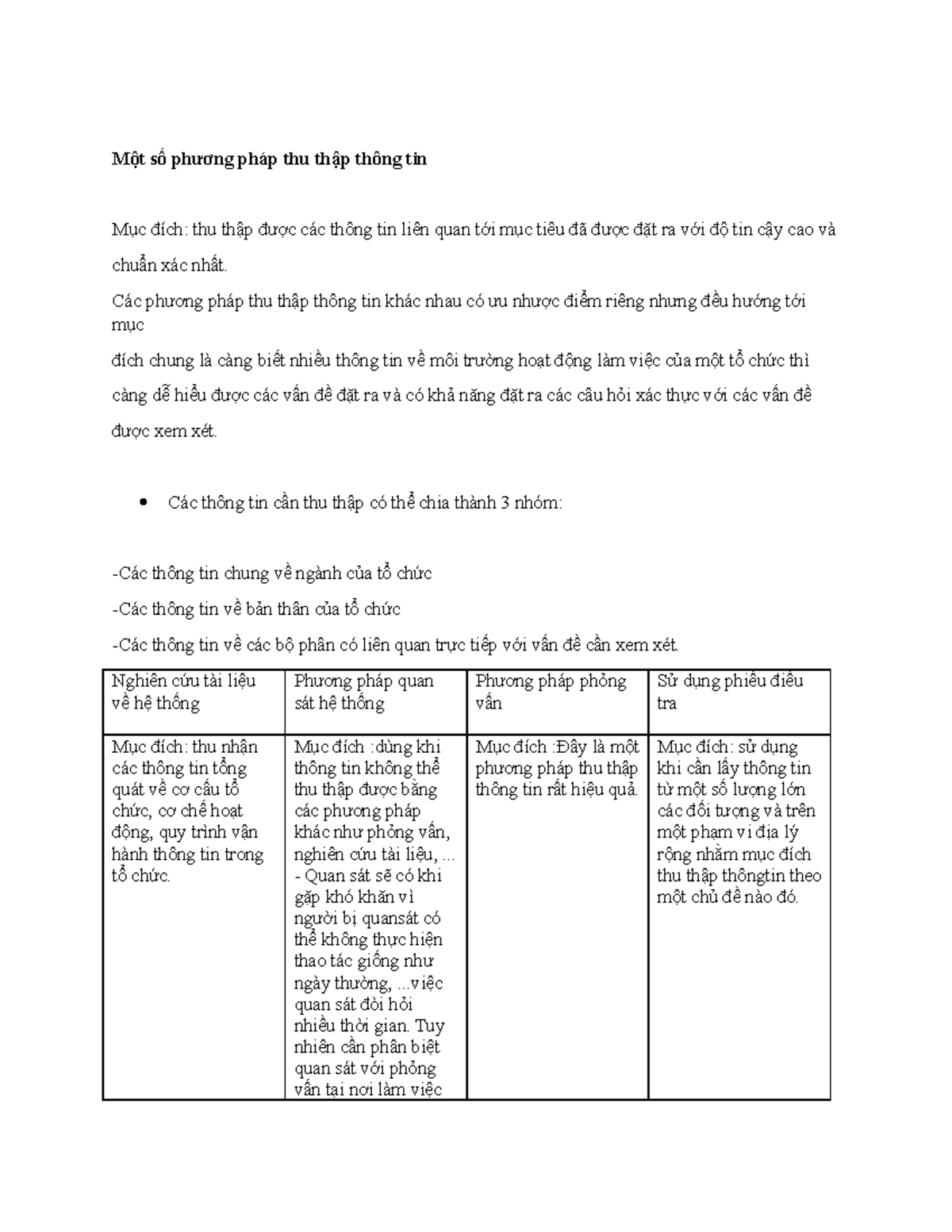 Một số phương pháp thu thập thông tin - Một số phương pháp thu thập thông tin Mục đích: thu thập - Studocu