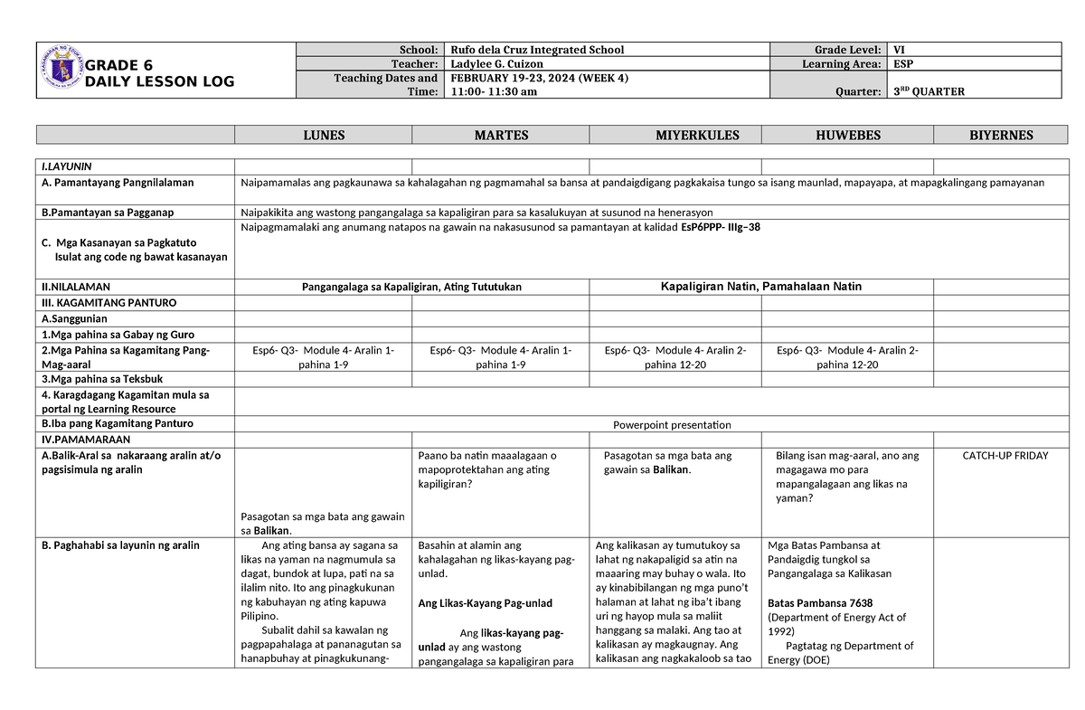 Dll Esp 6 Q3 W4 Grade 6 Grade 6 Daily Lesson Log School Rufo Dela Cruz Integrated School 9938