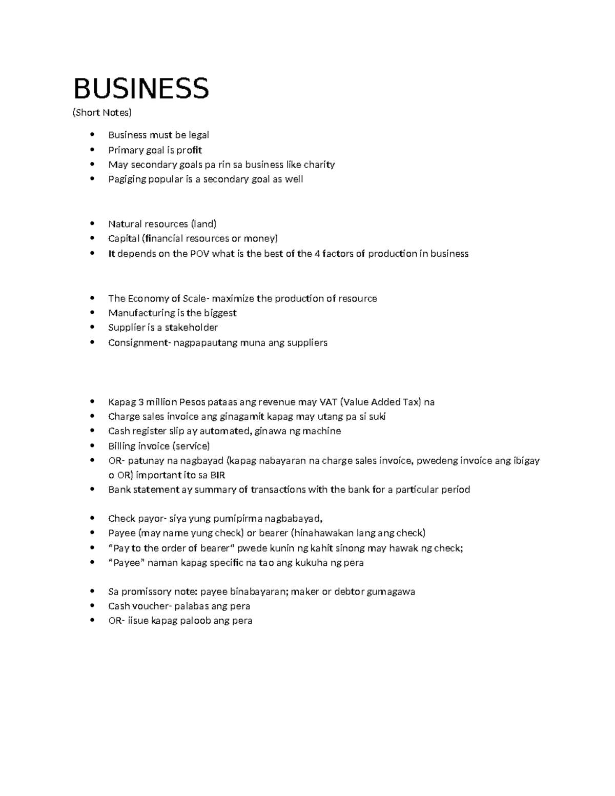 Business - Busjness ktes - BUSINESS (Short Notes) Business must be ...