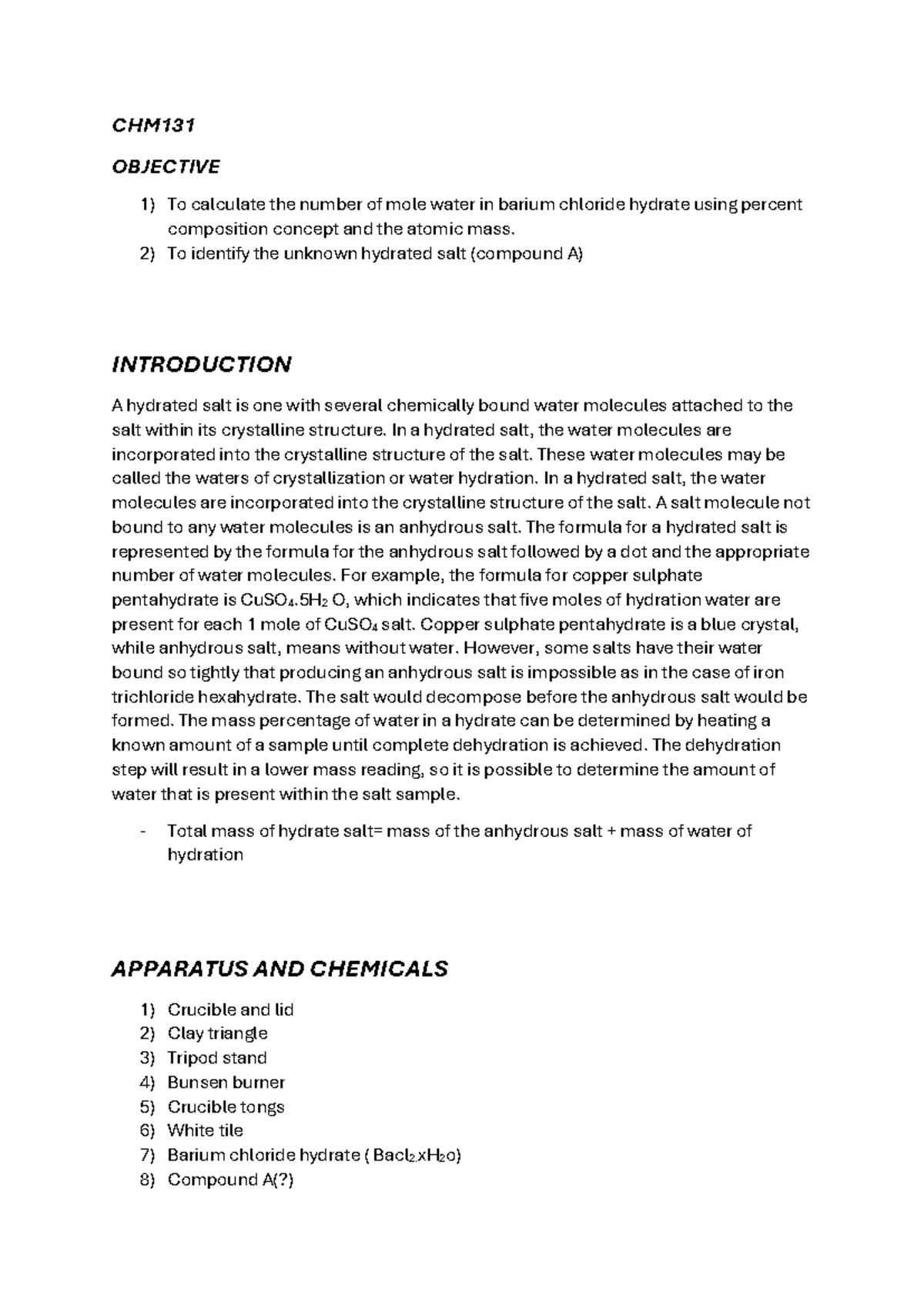 CHM131 - CHM 131 OBJECTIVE 1) To Calculate The Number Of Mole Water In ...