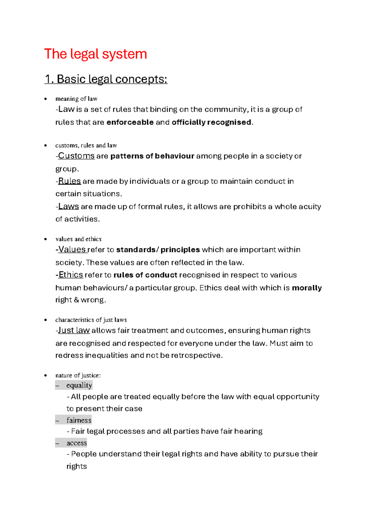 Legal prelim notes - The legal system 1. Basic legal concepts ...