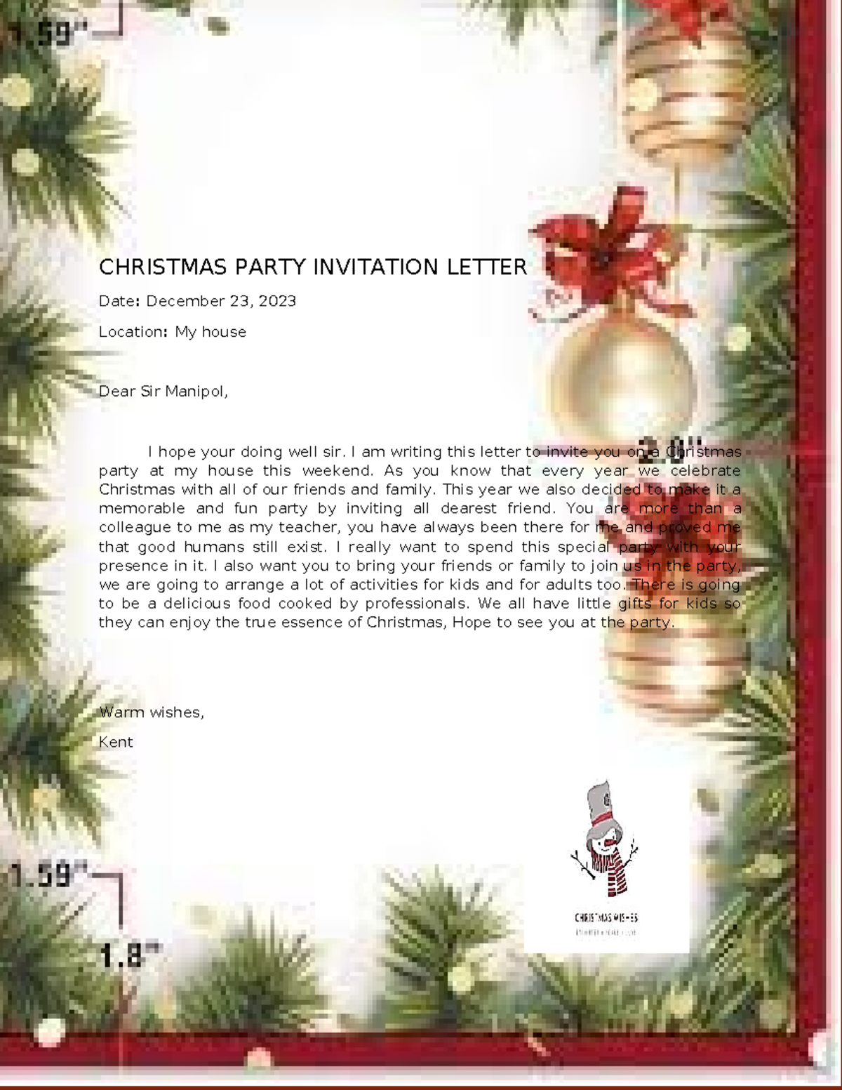 Christmas Party Invitation Letter CHRISTMAS PARTY INVITATION LETTER