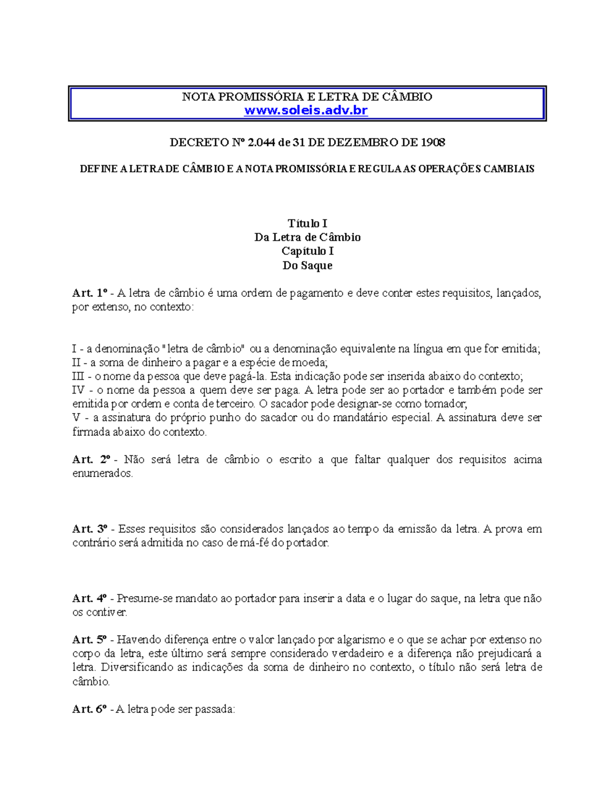 NOTA Promissória E Letra DE Câmbio Decreto de 1908 - NOTA PROMISSÓRIA E ...