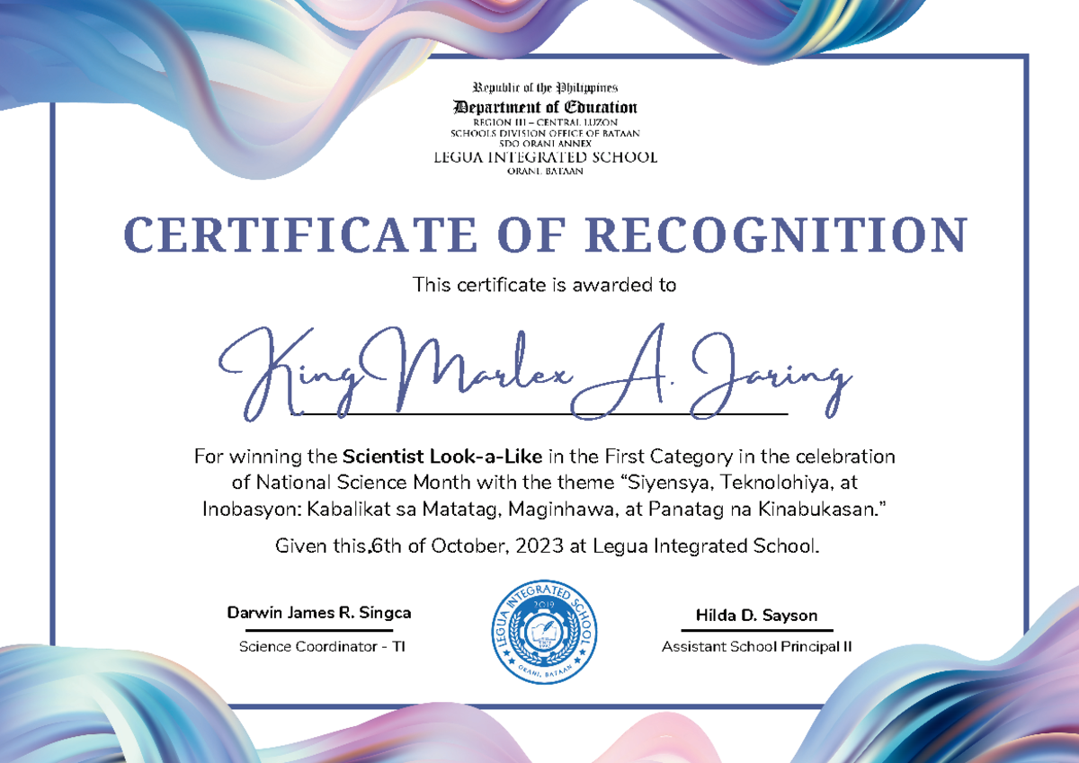 Science Month 2023 ELEM Certificates - Darwin James R. Singca ...