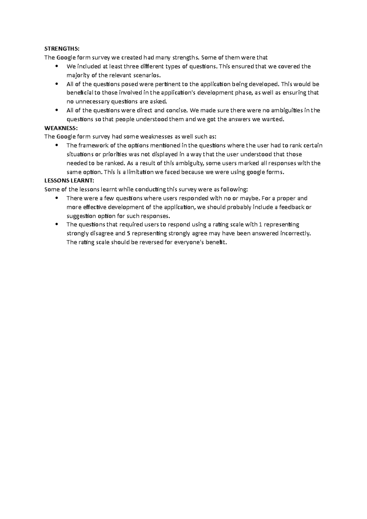 Sample Questionnaire Strength Weakness Lesson Learnt STRENGTHS The