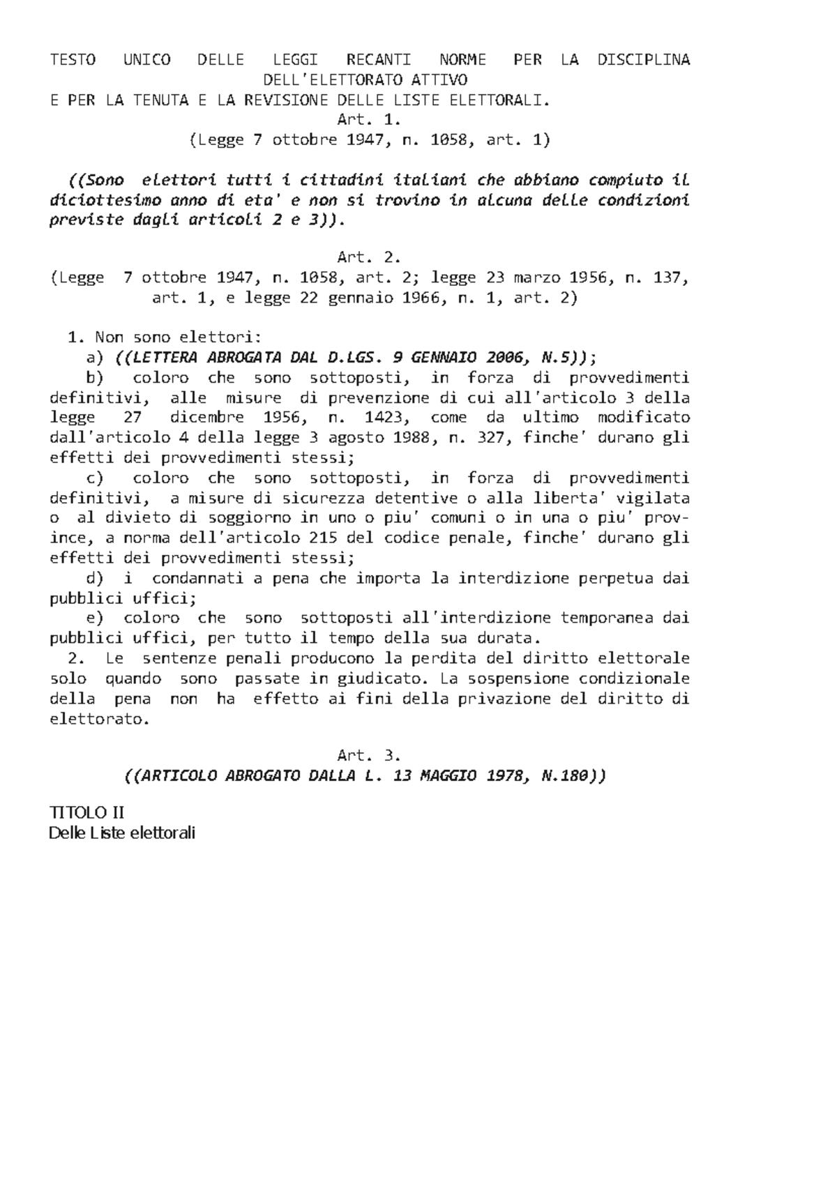 OK elettorato DPR 2231967 TESTO UNICO DELLE LEGGI RECANTI NORME PER