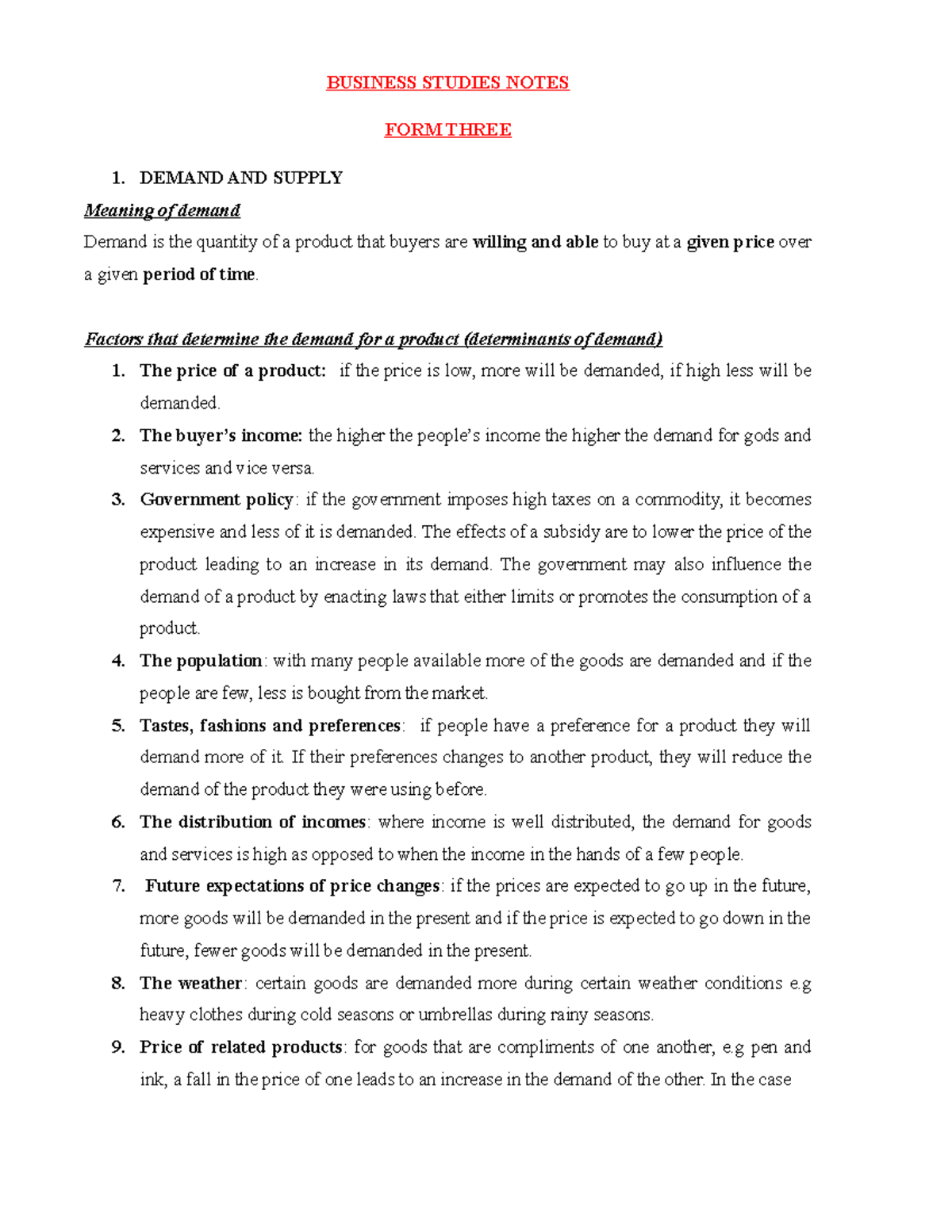 Business class 2 notes part1 BUSINESS STUDIES NOTES FORM THREE 1