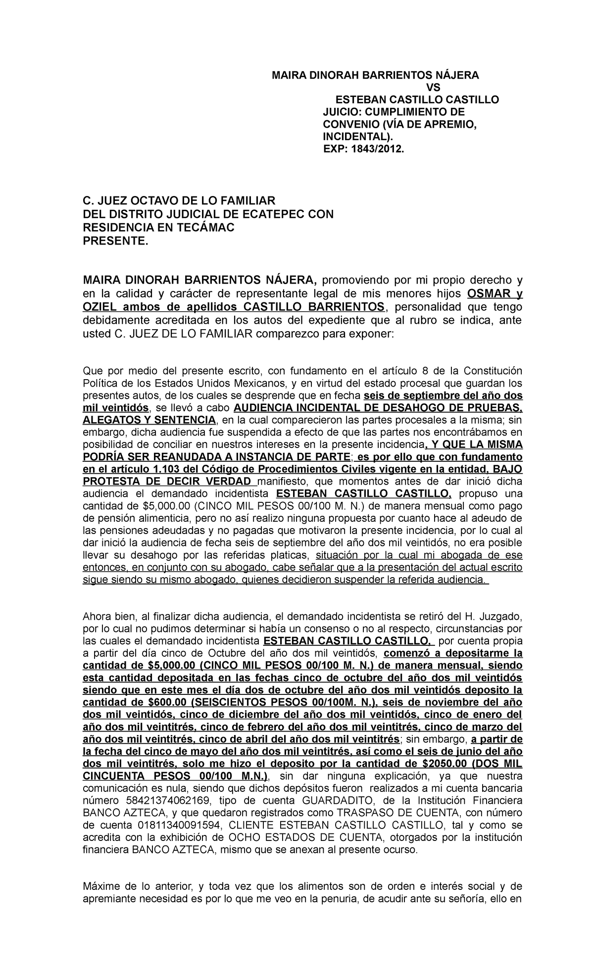 Solicita Reanude Proceso Pensiones - MAIRA DINORAH BARRIENTOS NÁJERA VS ...