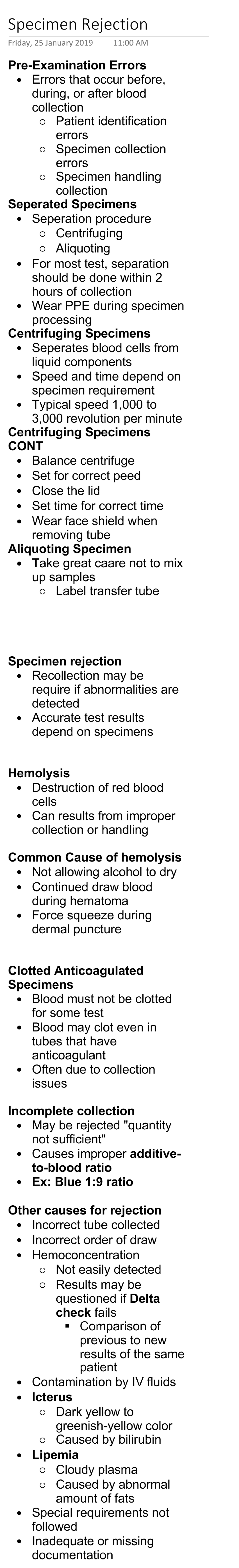 Specimen rejection Medical Laboratory Science Studocu