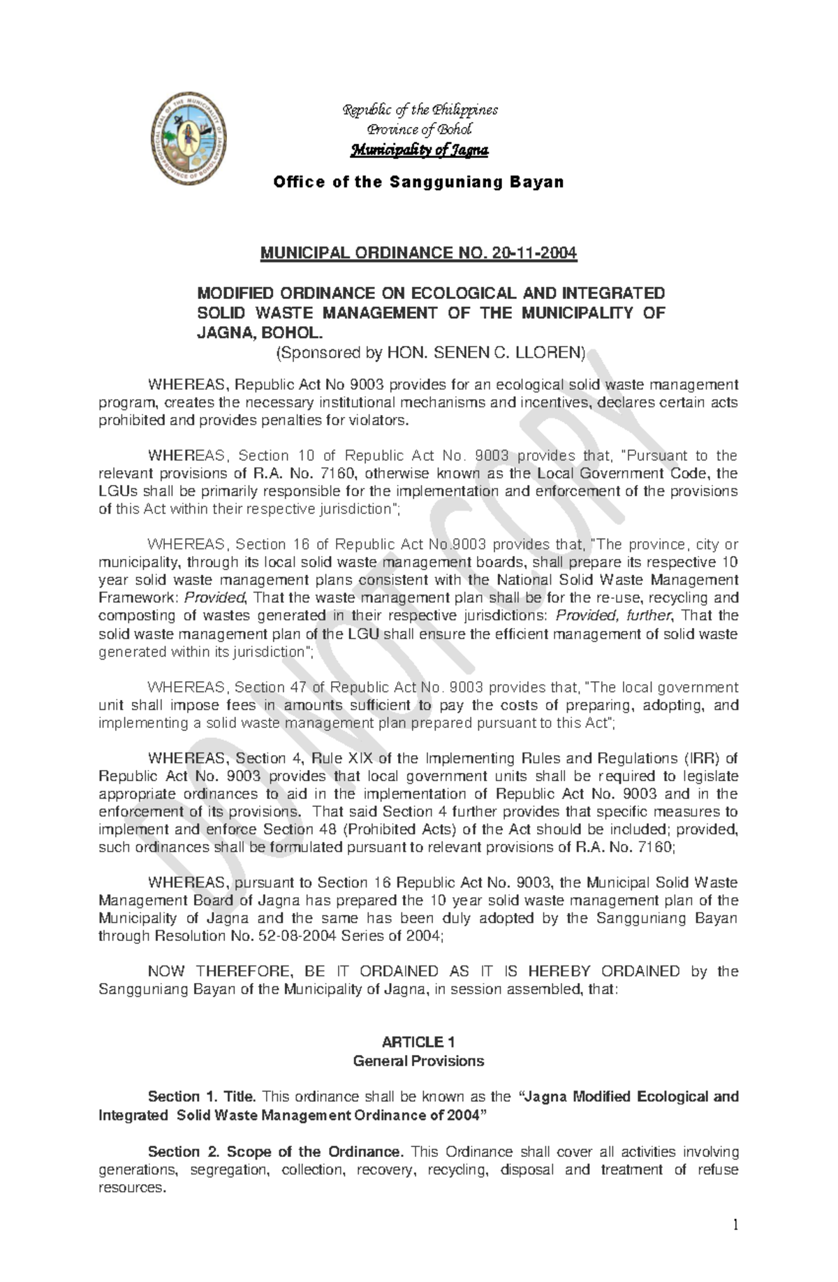 Modified Ordinance On Integrated Ecological Solid Waste Mgt 2004 ...