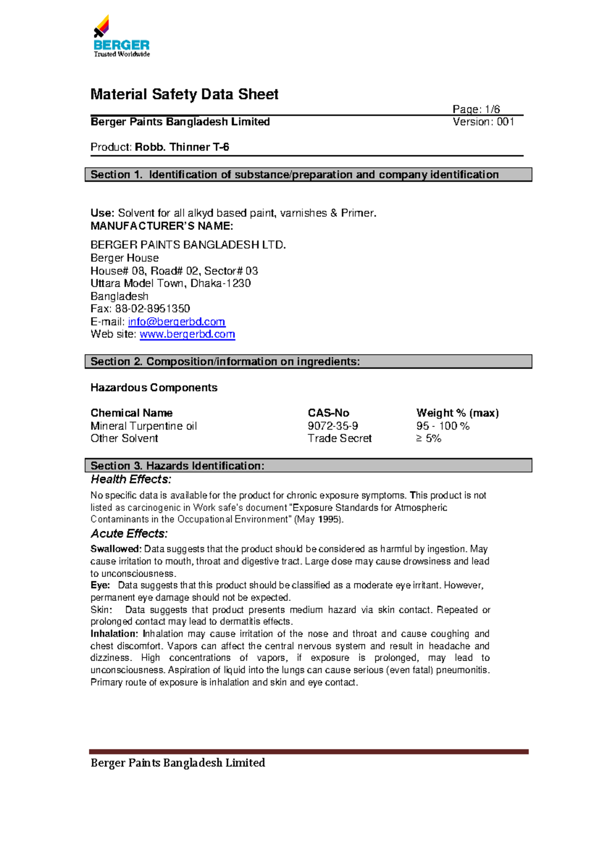 MSDS of Robb. Thinner T6 Page 1/ Berger Paints Bangladesh Limited