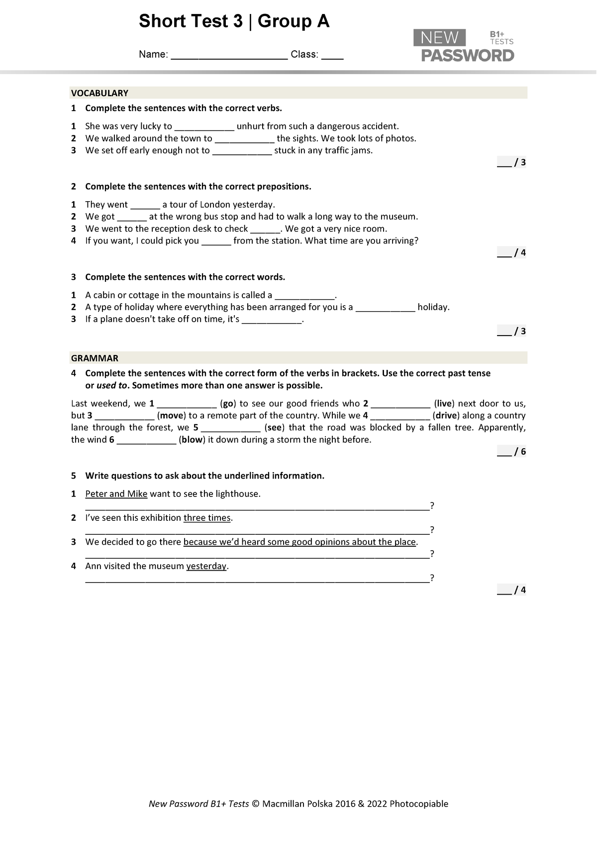 New Password B1+ ST 3A - Tak - Short Test 3 | Group A Name ...