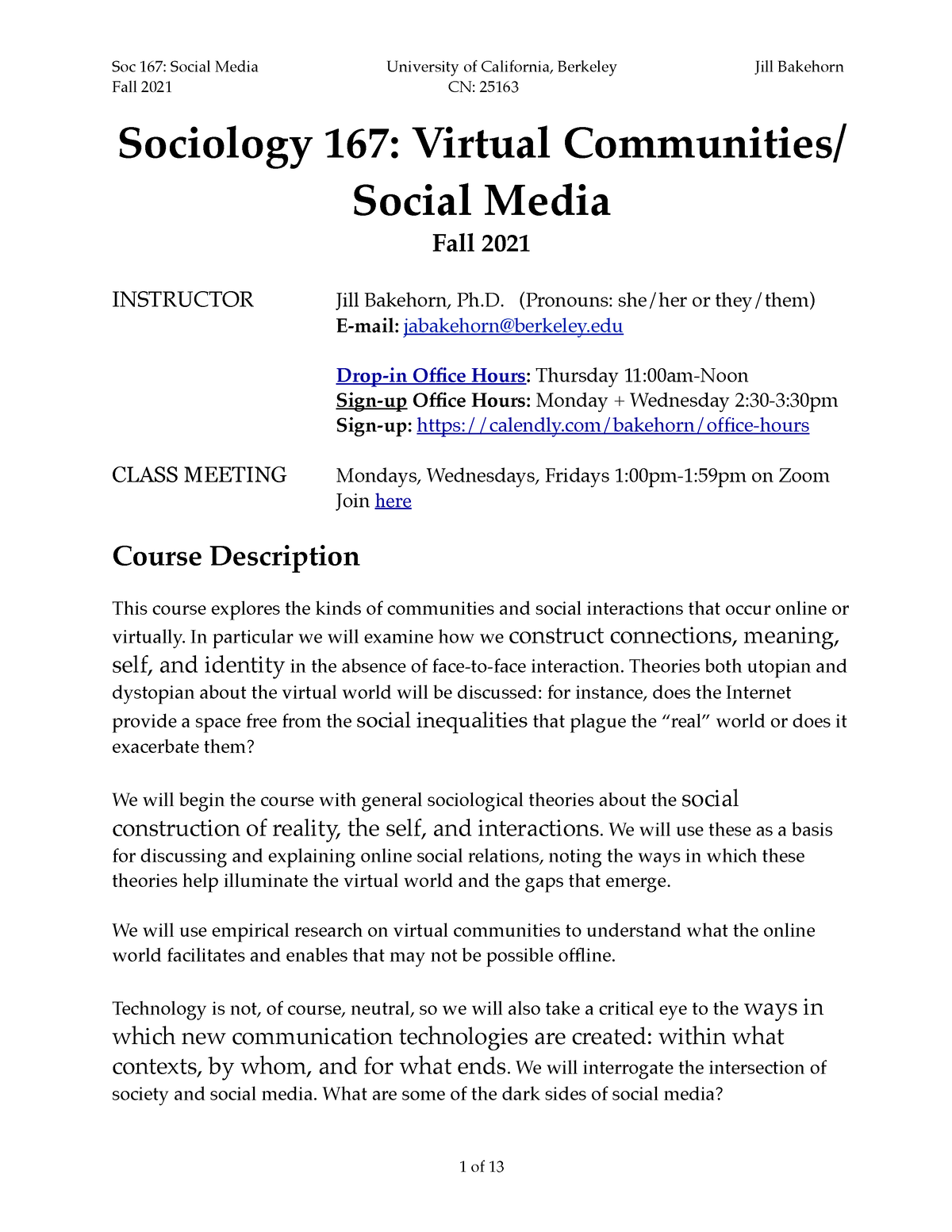 Soc 167 Fall 2021 Syllabus Fall 2021 Cn 25163 Sociology 167 Virtual Communities Social