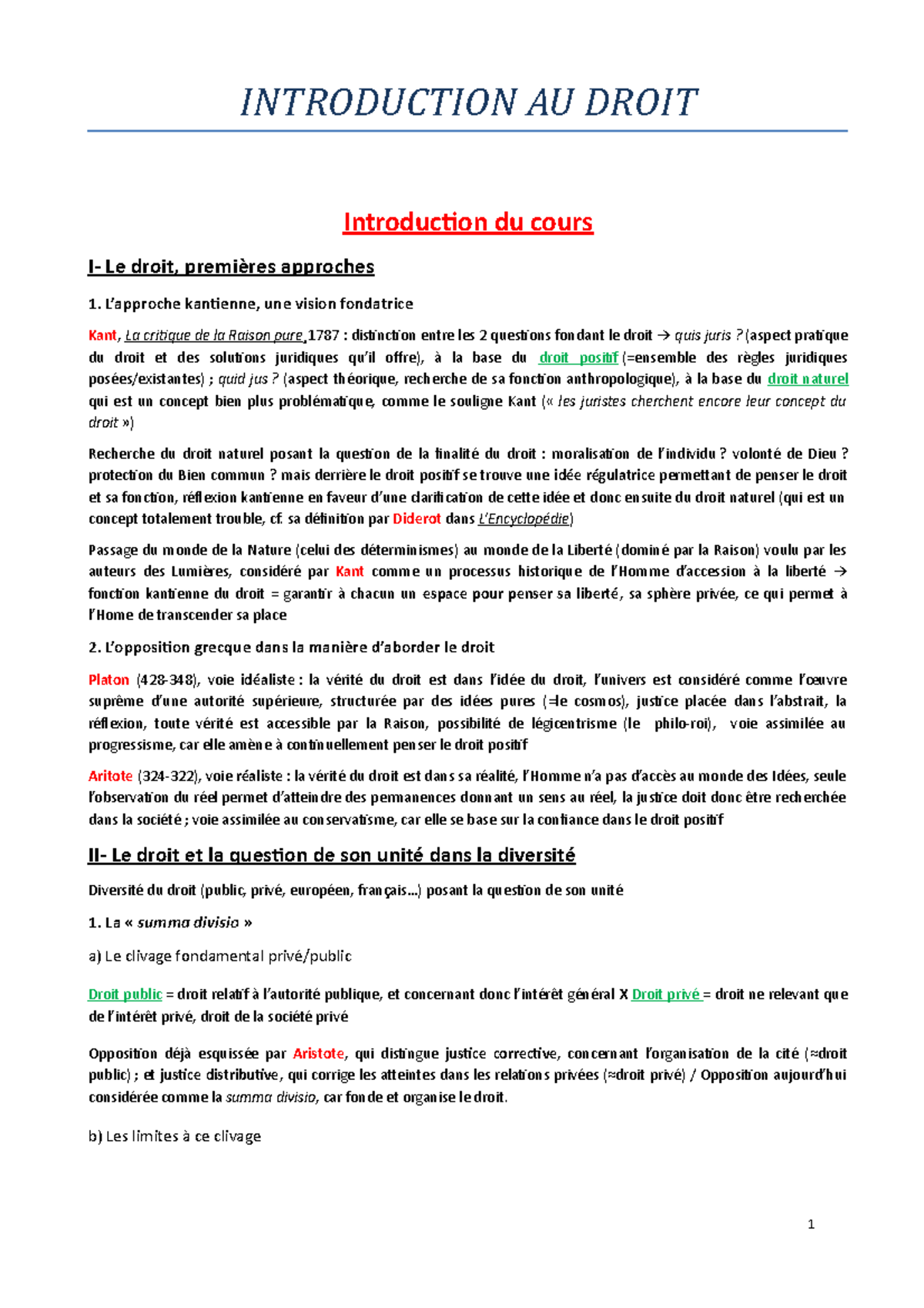 Cours complet - INTRODUCTION AU DROIT Introduction du cours I- Le droit ...