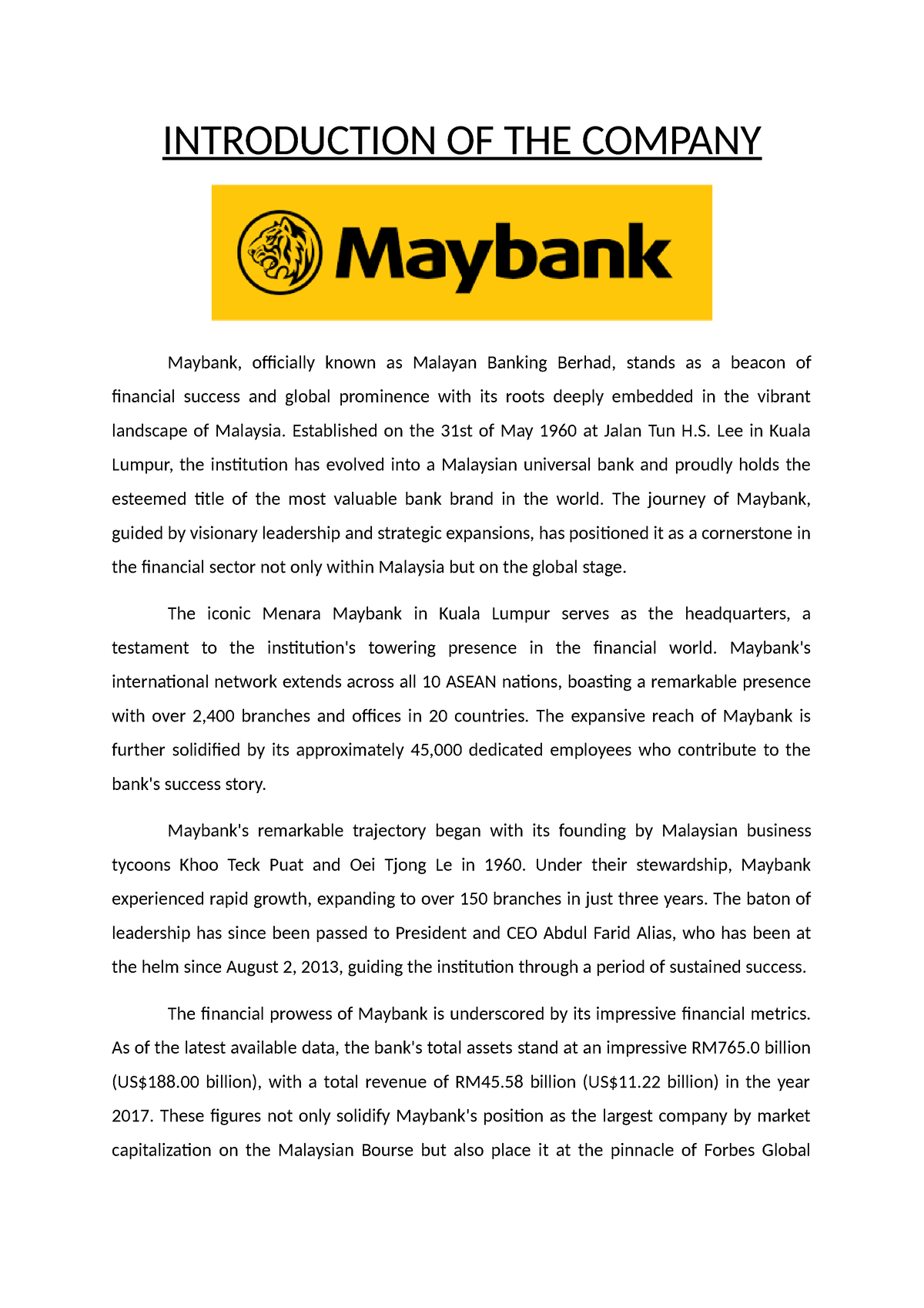 Introduction maybank - INTRODUCTION OF THE COMPANY Maybank, officially ...