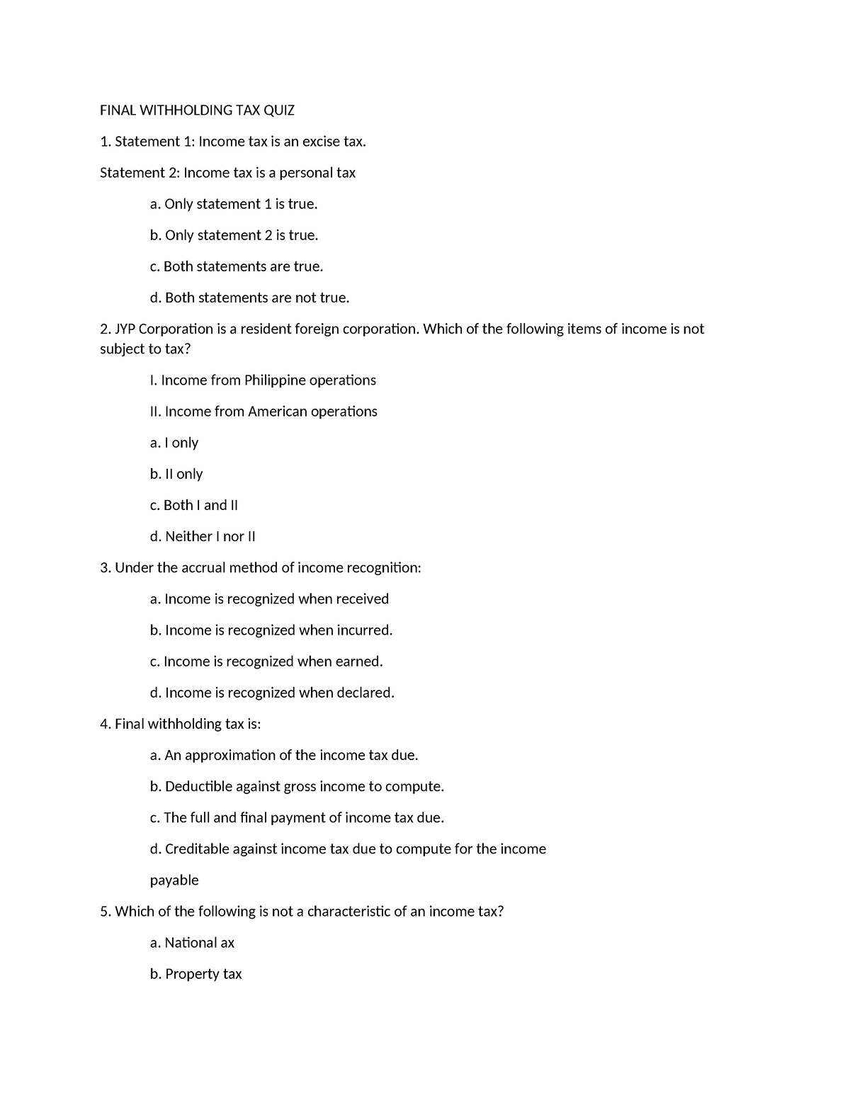 Final Withholding TAX QUIZ - FINAL WITHHOLDING TAX QUIZ Statement 1 ...