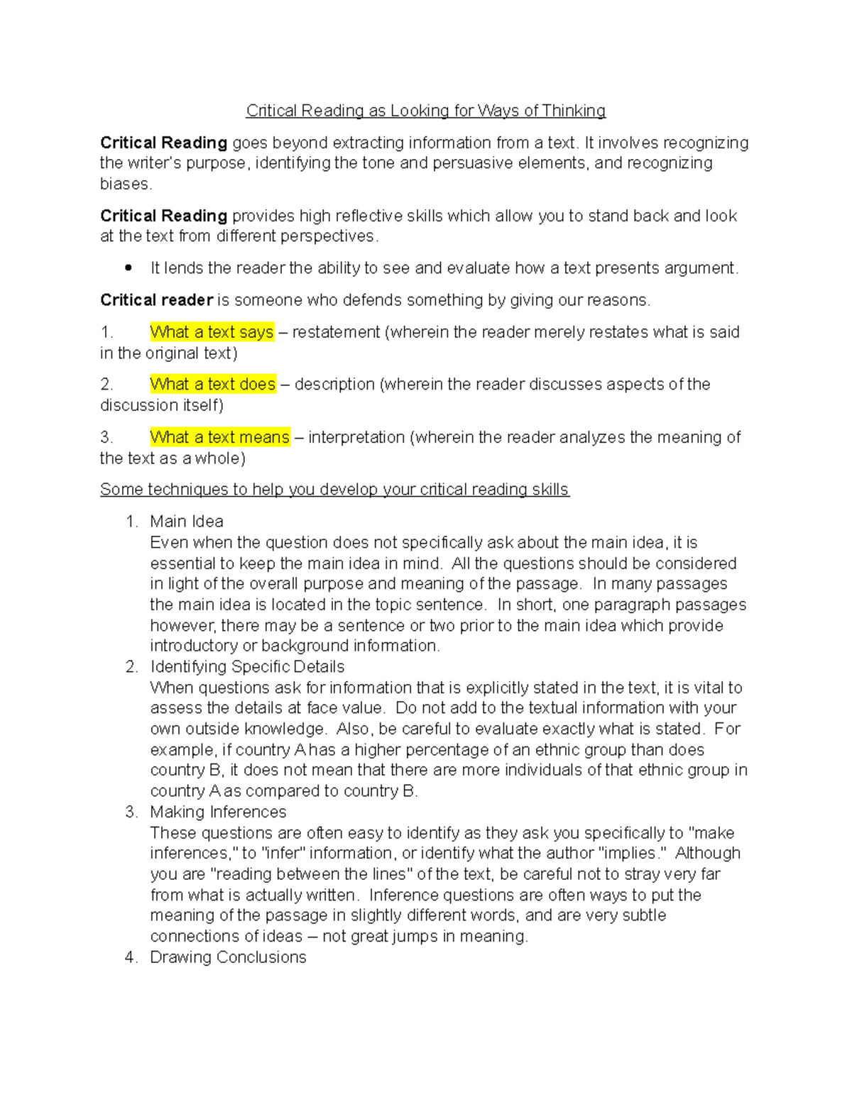 Critical Reading as Looking for Ways of Thinking It involves