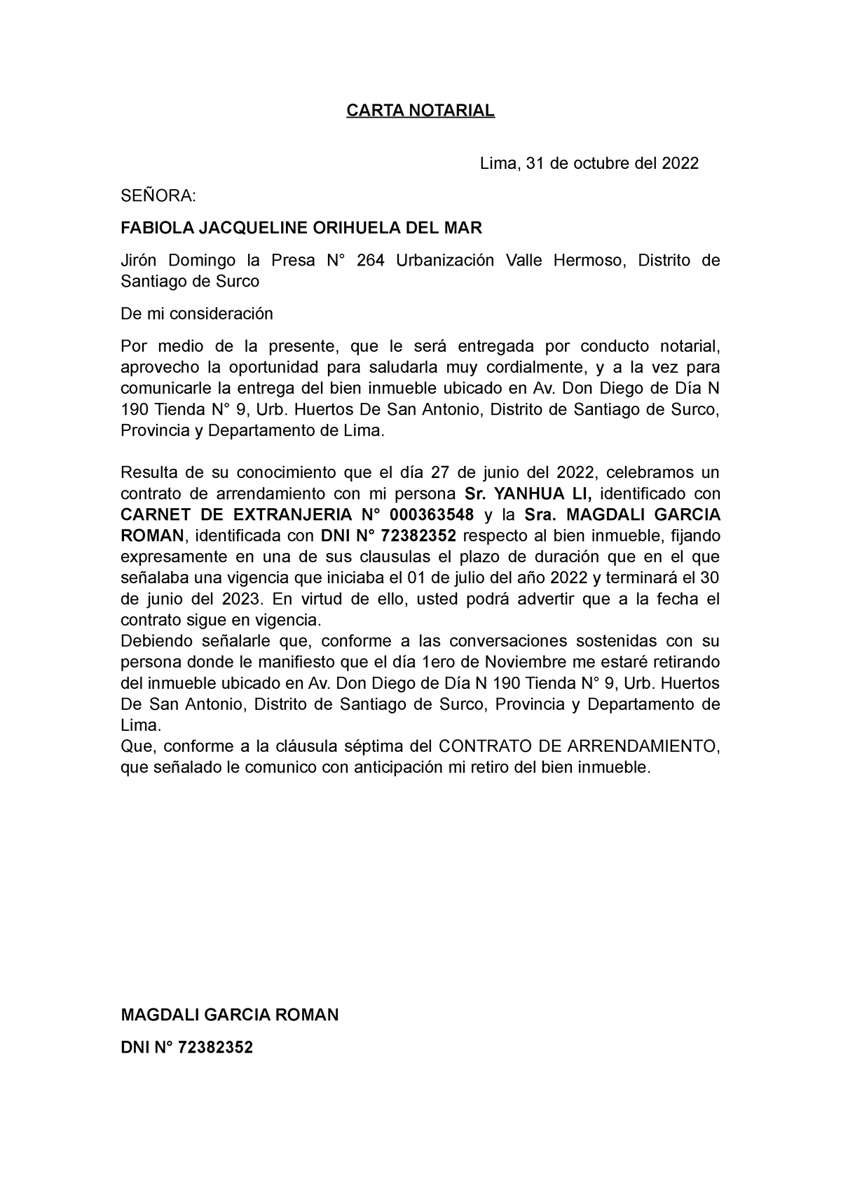 Carta Notarial - Entrega DE Inmueble - CARTA NOTARIAL Lima, 31 De ...