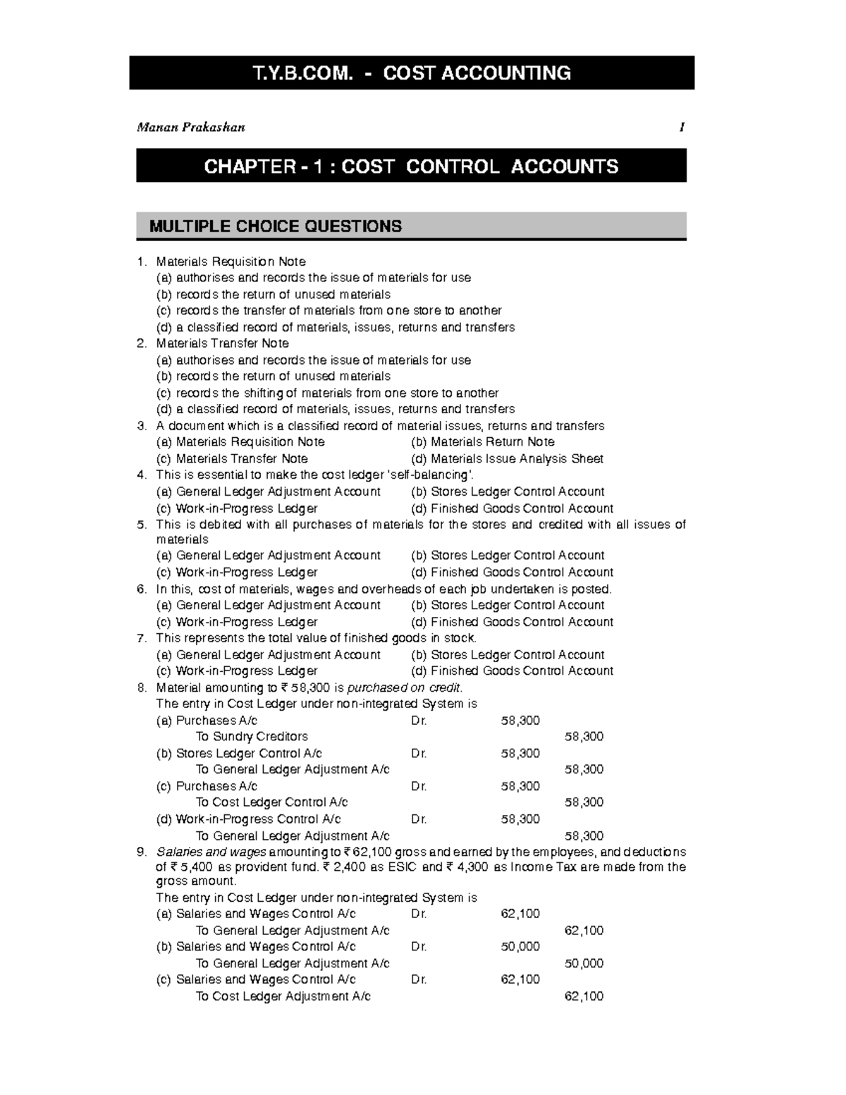 TYBCom Sem VI Cost Accounting MCQs 1 - Manan Prakashan 1 CHAPTER - 1 ...