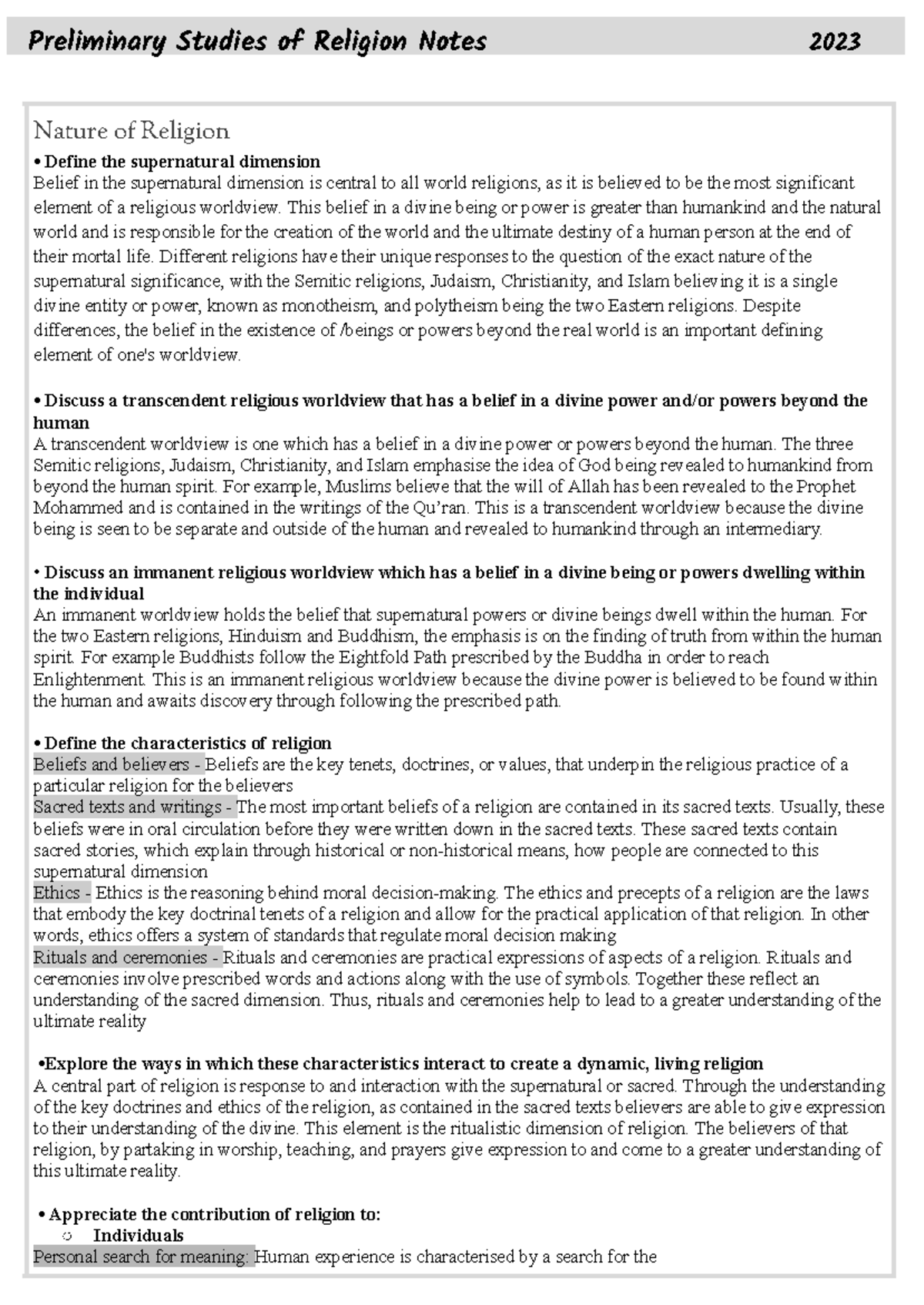 SOR 101 - SOR 101 - Preliminary Studies of Religion Notes 2023 Nature ...