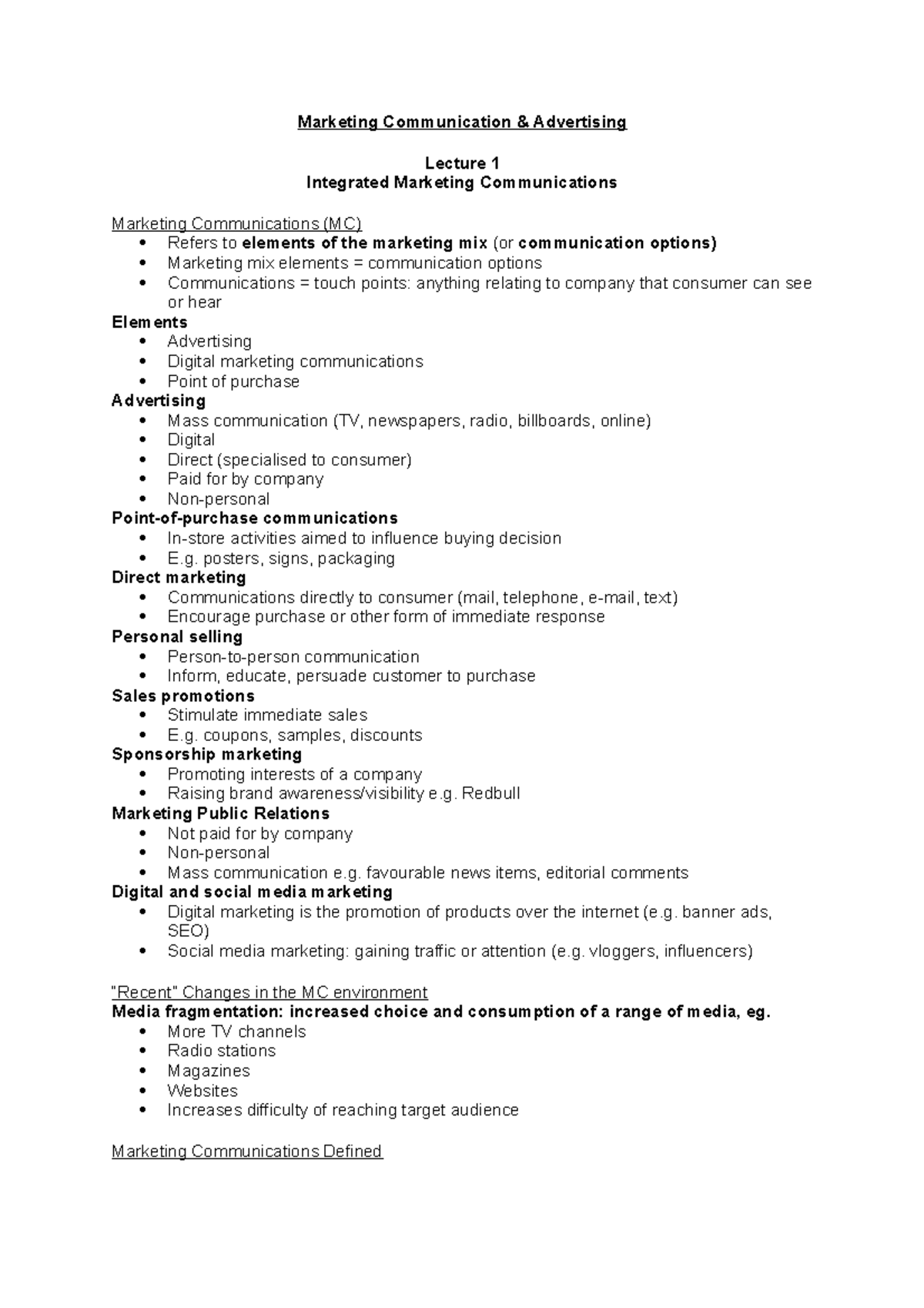 Lecture notes - Marketing Communication & Advertising Lecture 1 ...