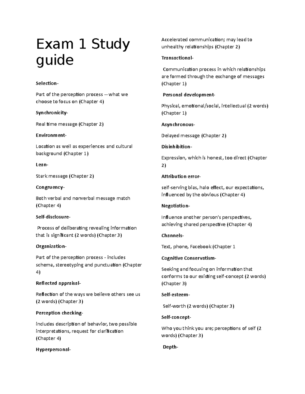 Exam 1 (Ch.1-4)-study guide - Exam 1 Study guide Selection- Part of the ...