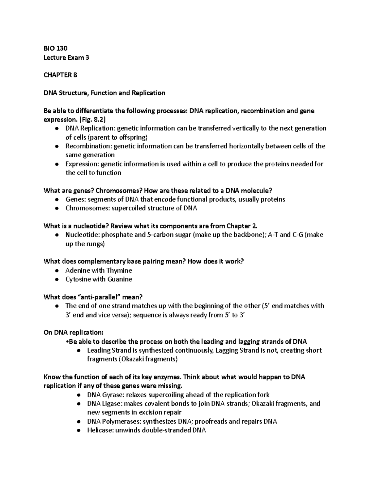 Micro Study Guide Exam 3 - BIO 130 Lecture Exam 3 CHAPTER 8 DNA ...