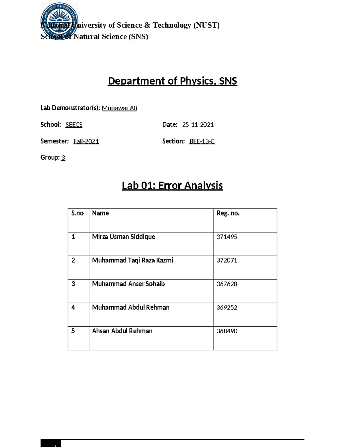Applied Physics Lab 1 Report - School of Natural Science (SNS ...