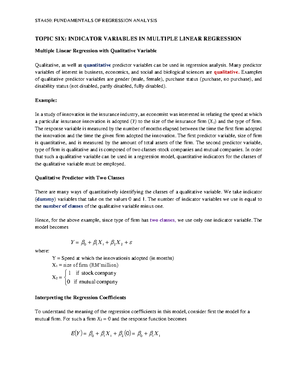 Topic 6 Indicator variable in MLR student - TOPIC SIX: INDICATOR ...