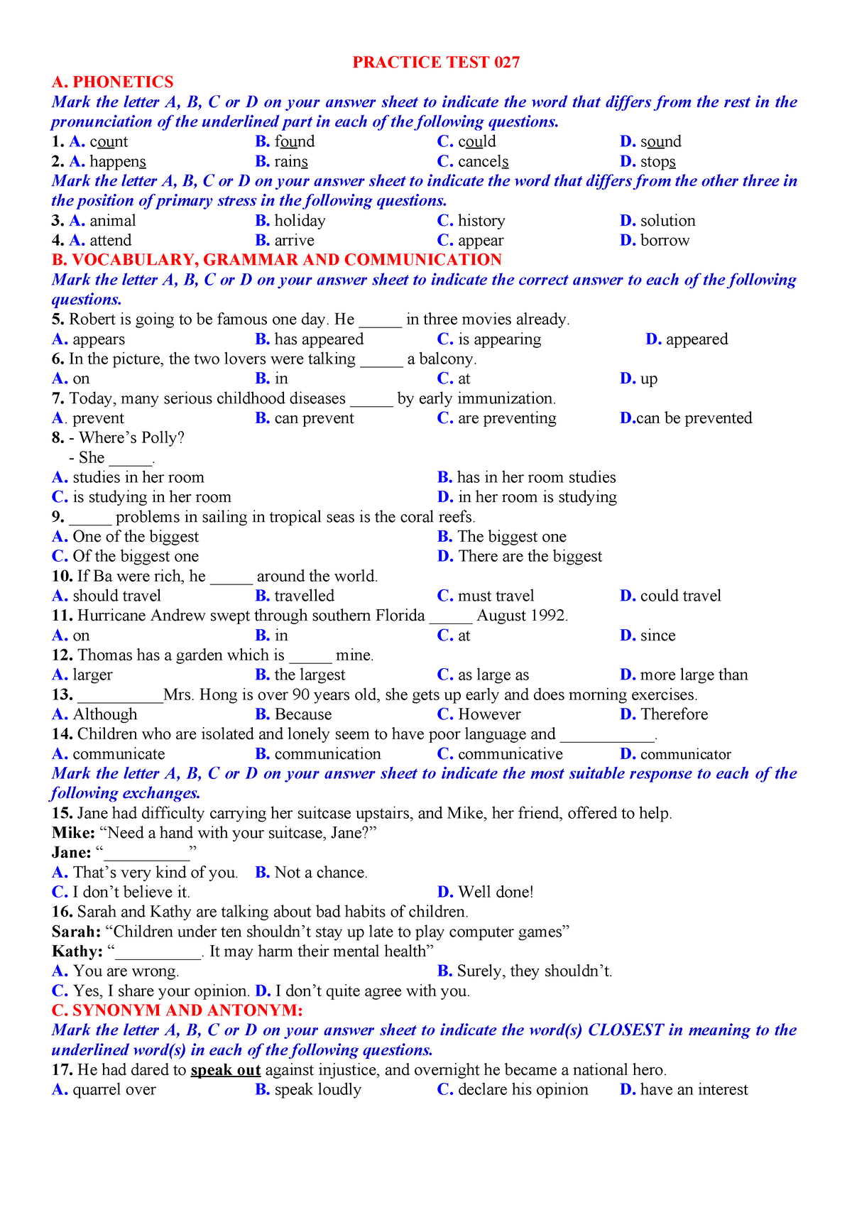 Practice TEST 027 - eng - PRACTICE TEST 027 A. PHONETICS Mark the ...