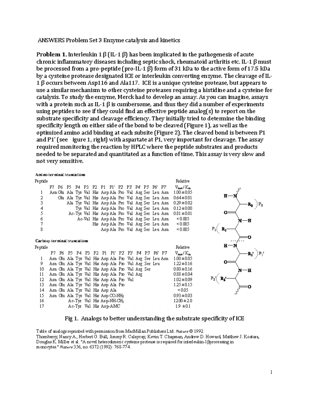 Enzyme ANSWERS Problem Set 3 Enzyme catalysis and Problem 1. Interleukin 1 β