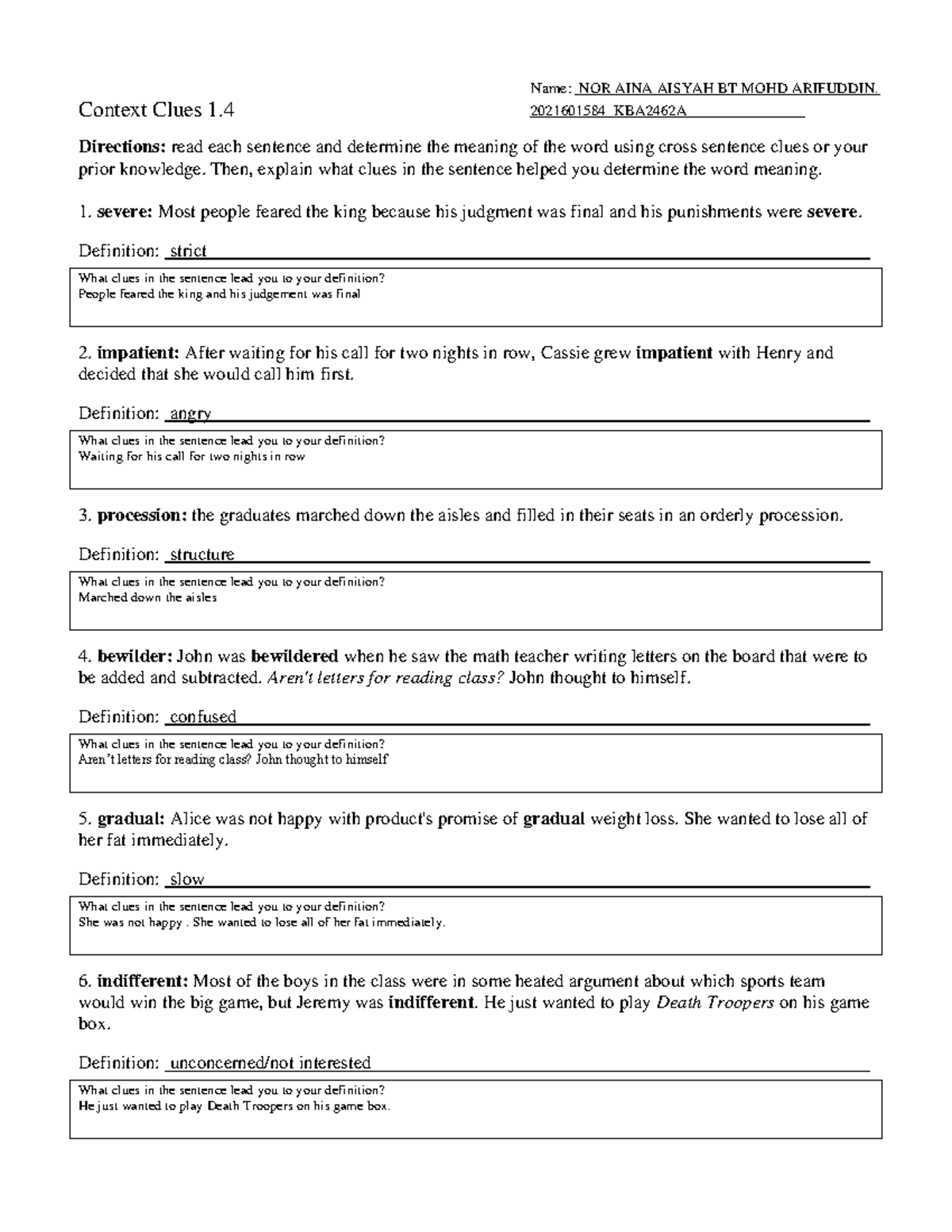 Context Clues Exercise read sentence and determine the meaning of the
