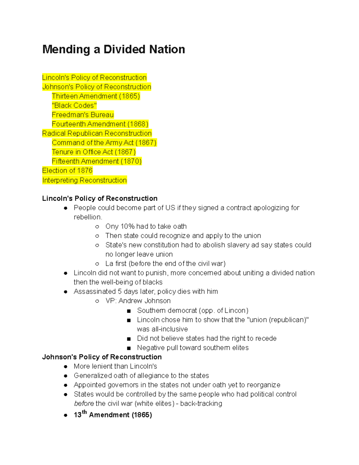 Mending a Divided Nation Mending a Divided Nation Lincoln's Policy of