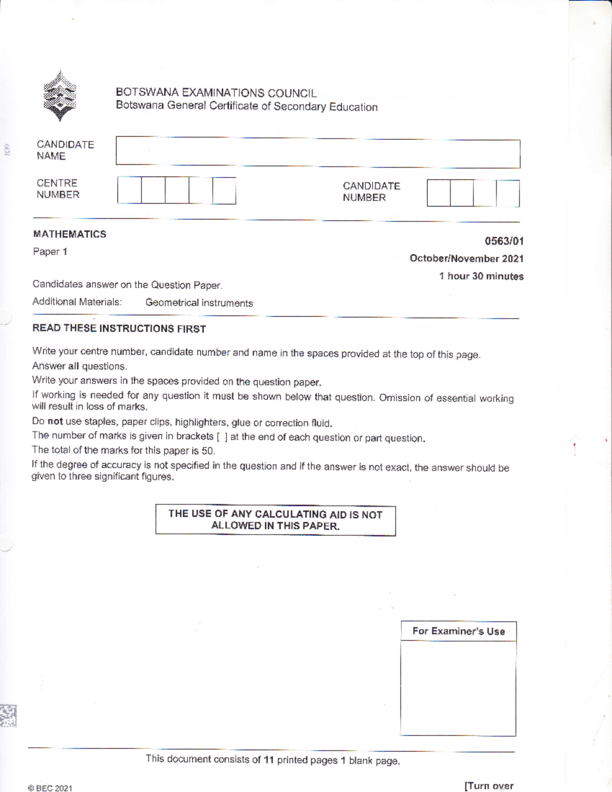 Bgcse Maths PP1 2021 Rewind BOTSWANA EXAMI NATIONS COUNCI L