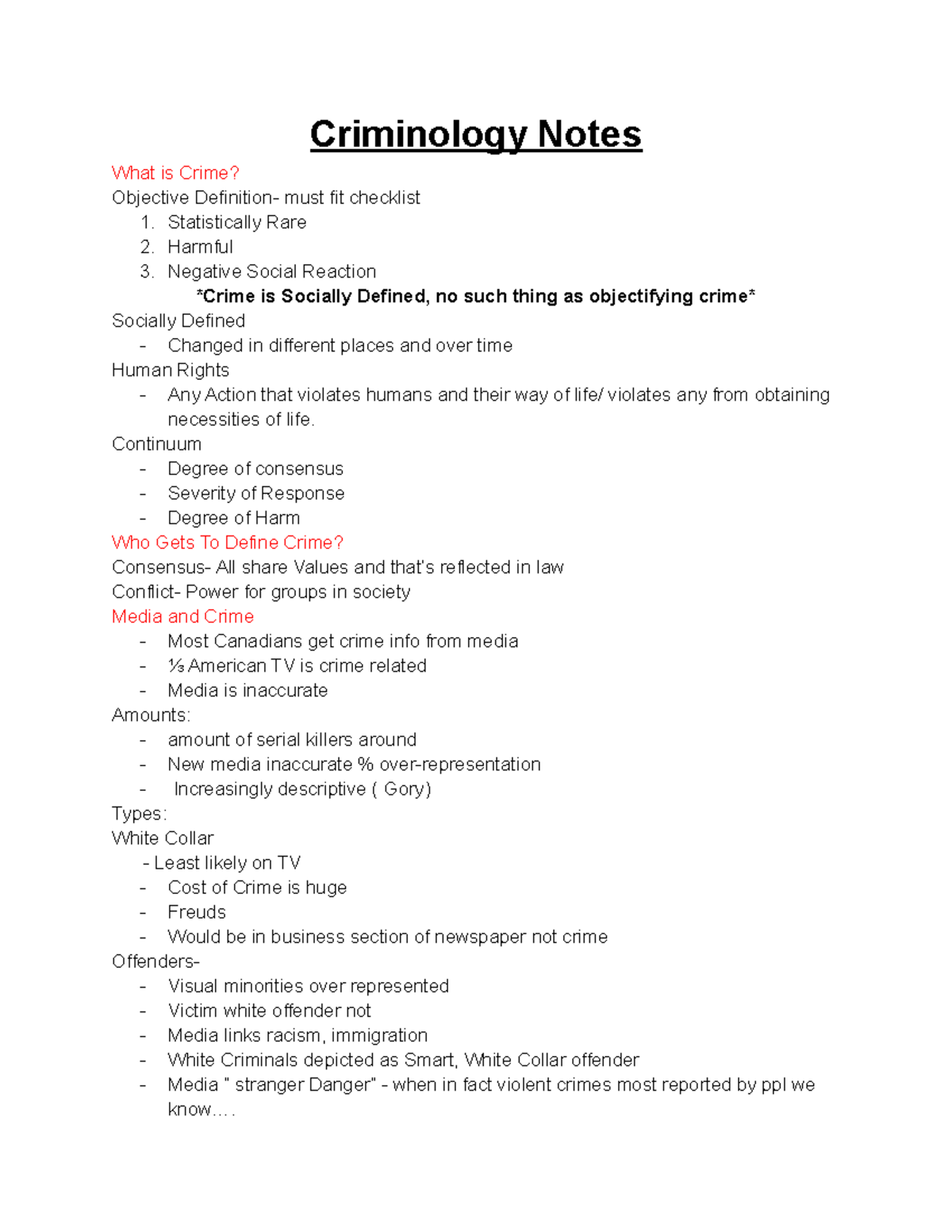 Criminology 225 Criminology Notes What is Crime? Objective Definition