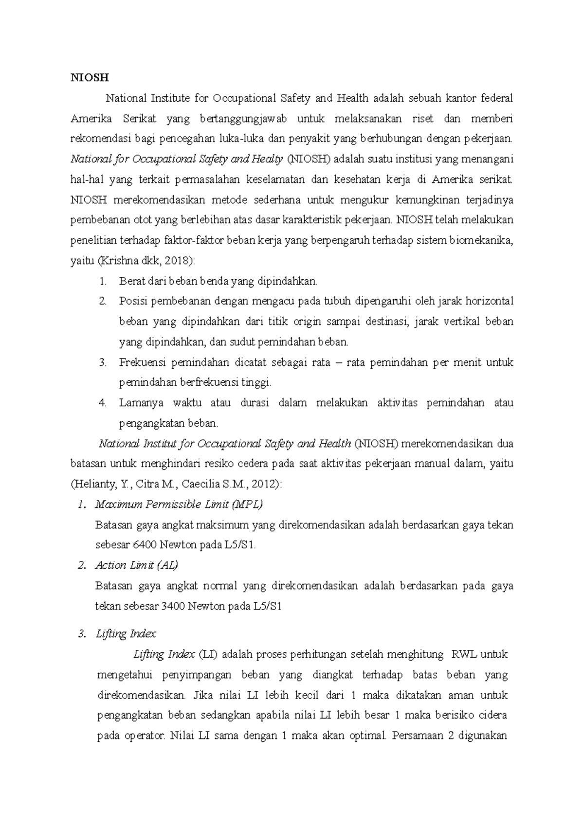 Niosh dan RWL NIOSH National Institute for Occupational Safety and